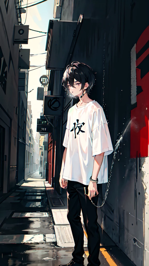 1boy, two block hair, oversize white t-shirt, black bracelet on left hand, dark street, spraying graffiti a number 4 on a wall, dark, aesthetic, cinematic, after rain