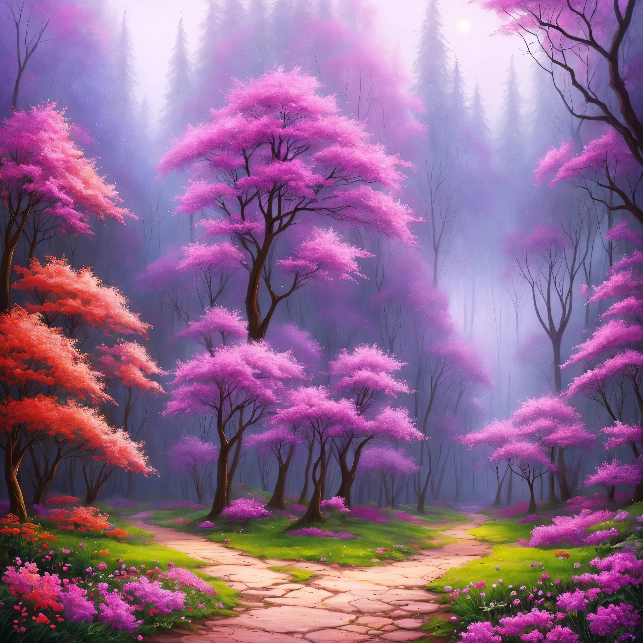 a painting of a purple forest with flowers and trees, magical fantasy forest, very magical and dreamy, magical forest in the background, magical colors and atmosphere, magical colours and atmosphere, magical forest, magic fairy forest, magical landscape, enchanted magical fantasy forest, magical environment, fantasy forest, lost in a dreamy fairy landscape, anime beautiful peace scene, mystical forest lagoon