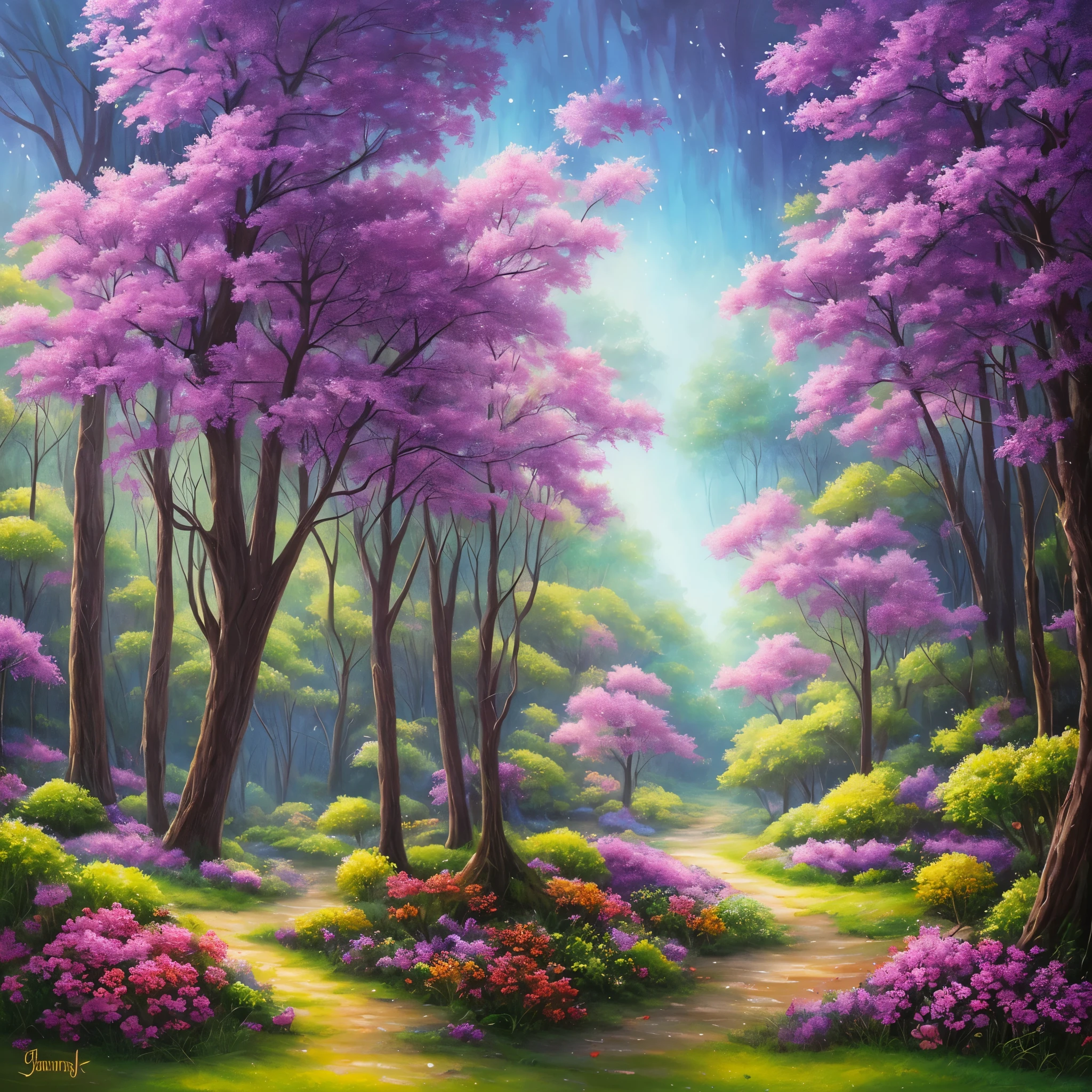 a painting of a purple forest with flowers and trees, magical fantasy forest, very magical and dreamy, magical forest in the background, magical colors and atmosphere, magical colours and atmosphere, magical forest, magic fairy forest, magical landscape, enchanted magical fantasy forest, magical environment, fantasy forest, lost in a dreamy fairy landscape, anime beautiful peace scene, mystical forest lagoon