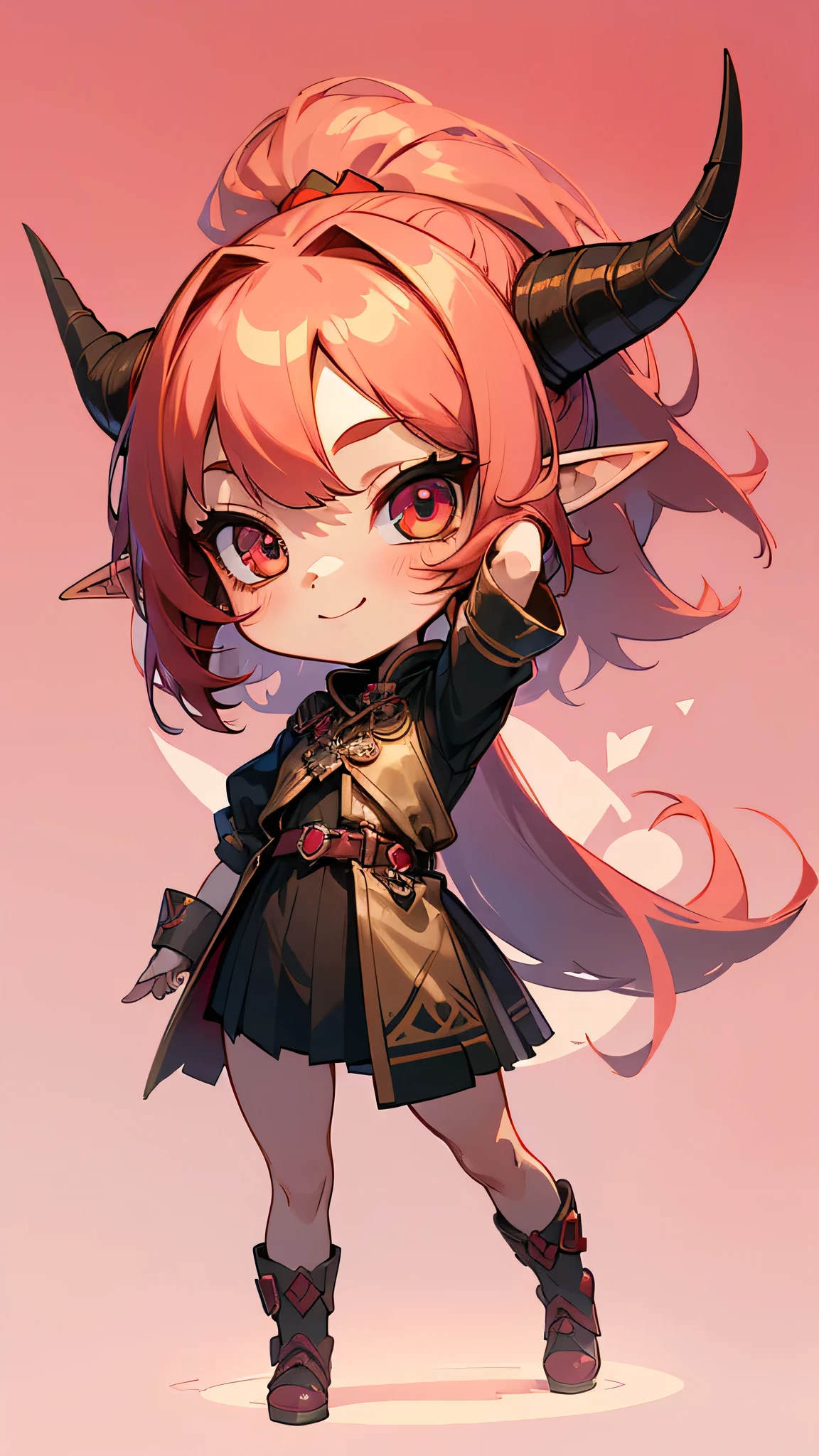 girl, full body, smile, thanks pose, ((cartoon style, chibi style)), cute, beautiful face, pink color eyes, beautiful eye, high detailed pupil, double eyelid, high detailed skin, high quality skin, (red color hair), ponytail hairstyle, long hair,  bangs, professional lighting, masterpiece, (horns), small horns, simetris golden horns, elf ears 