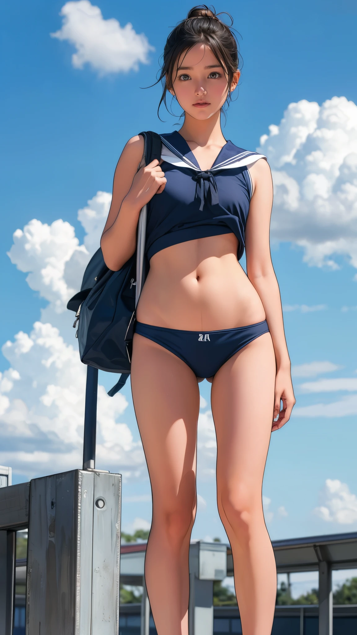 {3 | 2} Girl Standing In Schoolyard, Cumulonimbus clouds floating in the summer sky, Navy blue speedo swim briefs, On a white sailor shirt, school bag, , Very slim:1.2, Thin thighs, knees, Short hair tied low, From below, Front light