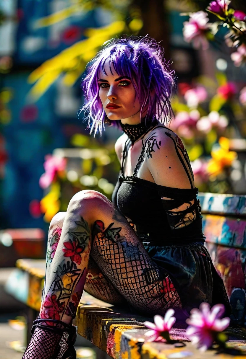 A stylishly dressed woman with purple hair and ripped fishnet stockings sits on a bench in a vibrant city park. She gazes out at the camera with a sassy expression, surrounded by graffiti-covered trees and colorful flowers. Harsh sunlight casts long shadows across her face, accentuating her striking features.