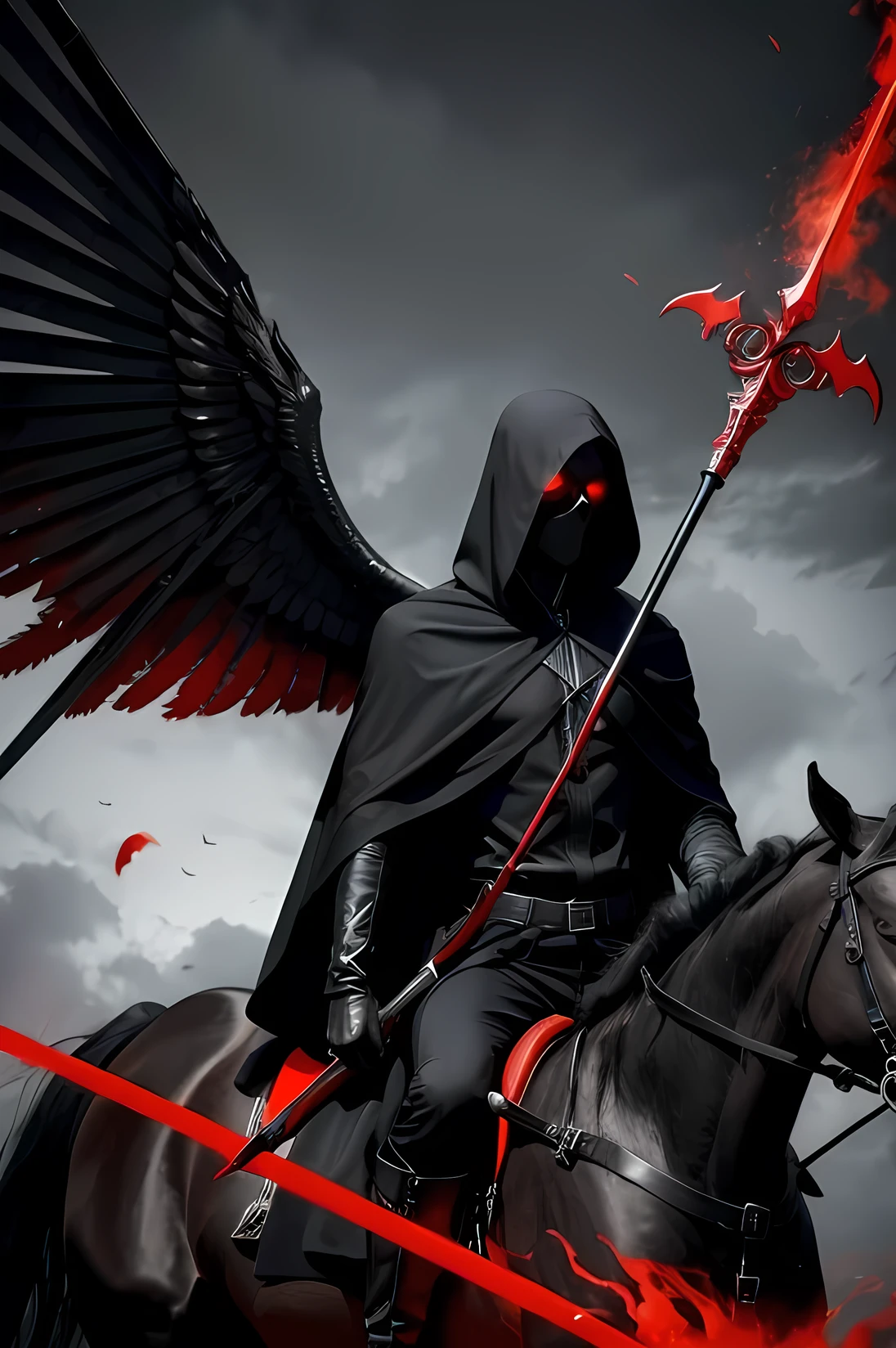 Grim reaper man in profile with red eyes and a huge scythe riding on a black horse with red eyes and wings stepping over the remains of human bodies