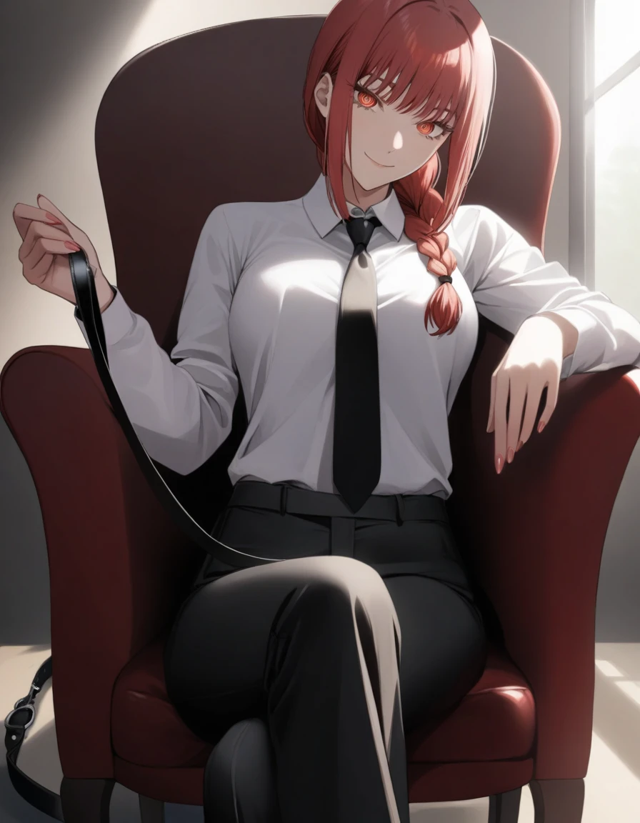 1girl,makima(chainsaw_man),sitting_in_chair,legs_crossed,black_necktie,black_pants,braid,braided_ponytail,breasts,closed_mouth,collar,collared_shirt,cowboy_shot,fingernails,giving,hair_over_shoulder,head_tilt,holding dog leash,pulling leash,long_hair,long_sleeves,looking_at_viewer,looking_down_at_viewer,necktie,outstretched_arm,pants,red_eyes,red_hair,ringed_eyes,shirt,smile,solo,sunlight,unworn_collar,white_shirt,