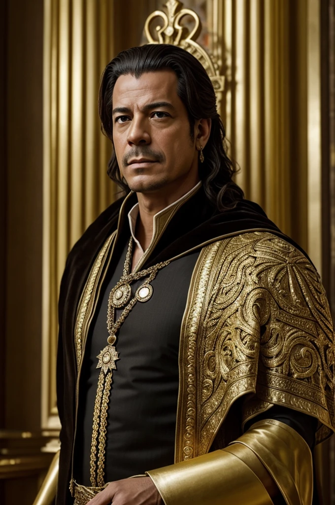 Full-length image of Xerxes from the movie 300 but with the face of Gustavo Petro, the president of Colombia