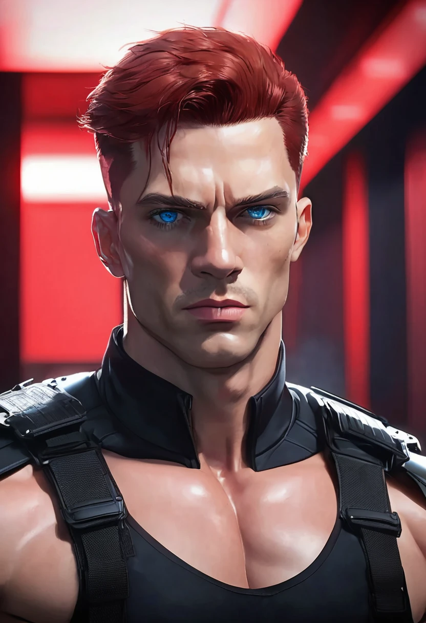 1 man, inside a training room, wearing a black spy outfit, detailed facial features, masculine blue eyes, detailed light skin, short red hair, image showing full body, dramatic lighting, cinematic composition, cold palette, dark colors, atmospheric fog, strong body, square chin, serious face, adult man, muscular body, 30 years old, virile and handsome man, (best quality, 4K, 8K, high resolution, art: 1.2), ultra-detailed, (realistic , photorealistic, photorealistic: 1.37)