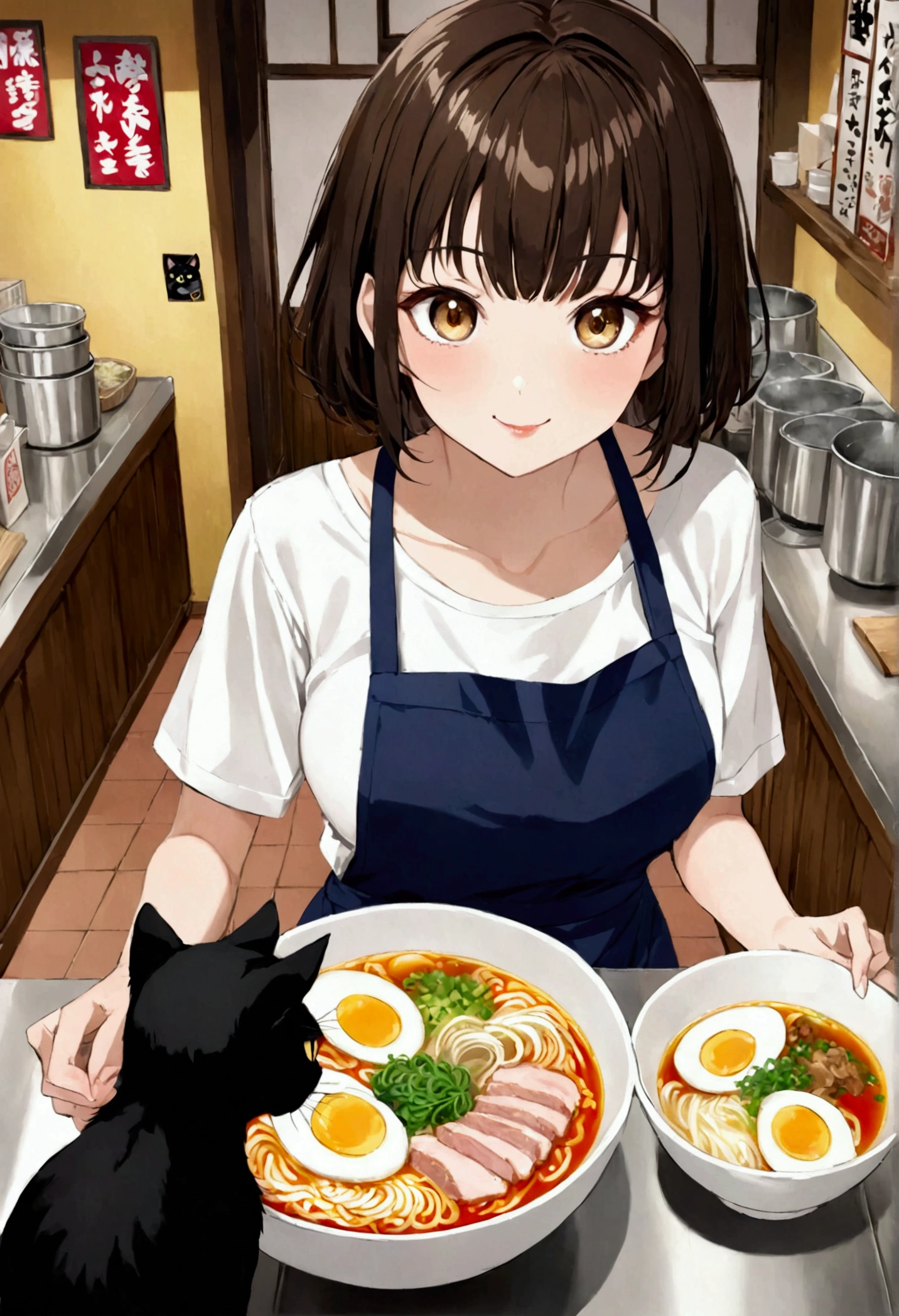 Small ramen shop, Counter seats, Bright fluorescent lighting inside the store, One Ramen(The bowl is white, A red saucer under the bowl, Ramen comes with 5 slices of pork, Half a boiled egg in ramen, Glossy with oil, A mountain of bean sprouts that covers the noodles, hot), real, A realistic black cat standing next to ramen, (1 black cat, The black cat's mouth is white, The black cat's paws have white fur, Very beautiful black cat, The black cat is interested in ramen), A woman behind the counter, The woman is hiding from the chest down behind the counter., real, Bangs are blunt, Brown Hair, 30th Generation, Fair skin makeup, Big Eyes, glossy lipstick, T-shirts, Navy blue apron, fine, smile, Voluptuous, looking at the viewer, short hair, from above, anime, anime style, 8K, masterpiece, best quality