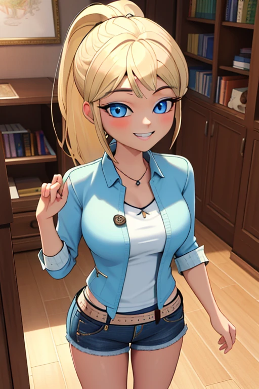 (8k, RAW photo, best quality, masterpiece:1.2), (intricate details), perfect eyes, perfect face, perfect lighting, beautiful, (masterpiece:1.2), (best quality:1.2), 1girl, solo, marinette dupain-cheng, chloe bourgeois, blonde hair, (( hair in ponytail, bangs over one eye )), arrogant, haughty, haughty smile, grin, (medium breast:0.5), (average breast), (Wearing Chloe Bourgeois's attire), cowboy shot, 3DMM, standing, front view, 