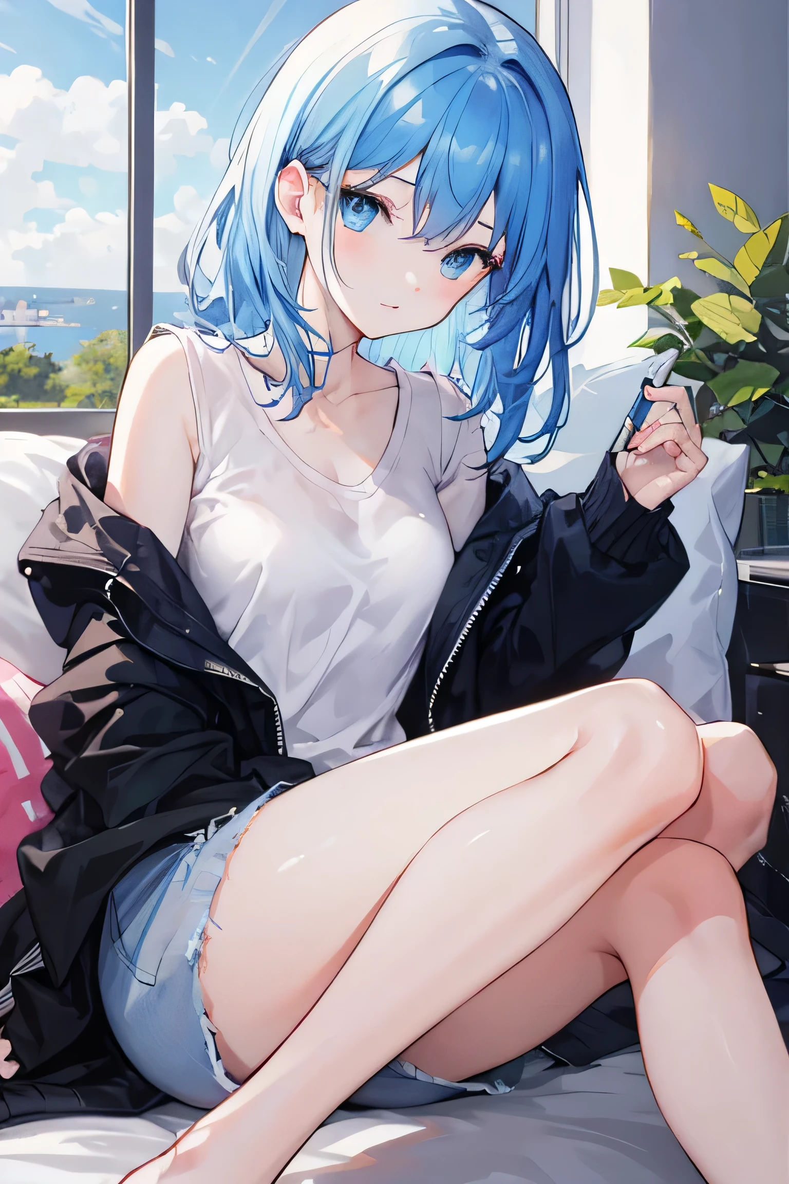 study,One person,Sky blue hair,Blue Eyes,Casual Wear,Laziness,female