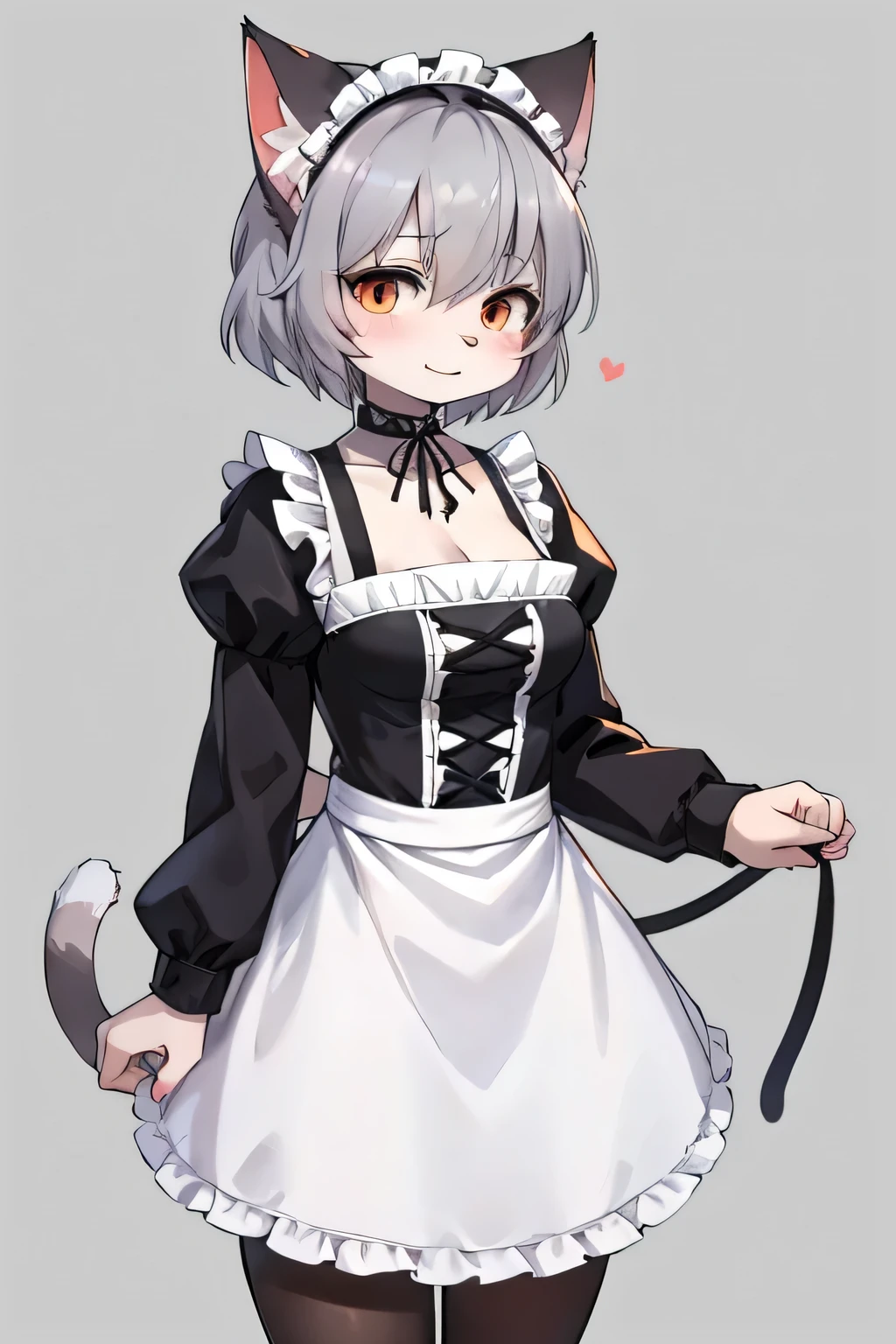 Cat girl image：Gray hair，Witch costume，;Daily Wear，Try various modern styles。hair color: Granny Ash，White。The cat&#39;s ears are very big in the morning(Refer to the current Daling avatar)，Human ears covered by black hairband，、Work performance is post-production、Daily performance is side braid、Cats are represented as collars，arm, Technical pattern on shoulders and neck。Holding a magic wand。Weird and interesting words;Lack of sense of humor when communicating;Expressing Chatterbox，Easily immerse yourself;A little understanding，Because we are exploring modern human society。，The background is very simple，Sit down and lie down，Expression smile，Pupil royal blue（best quality