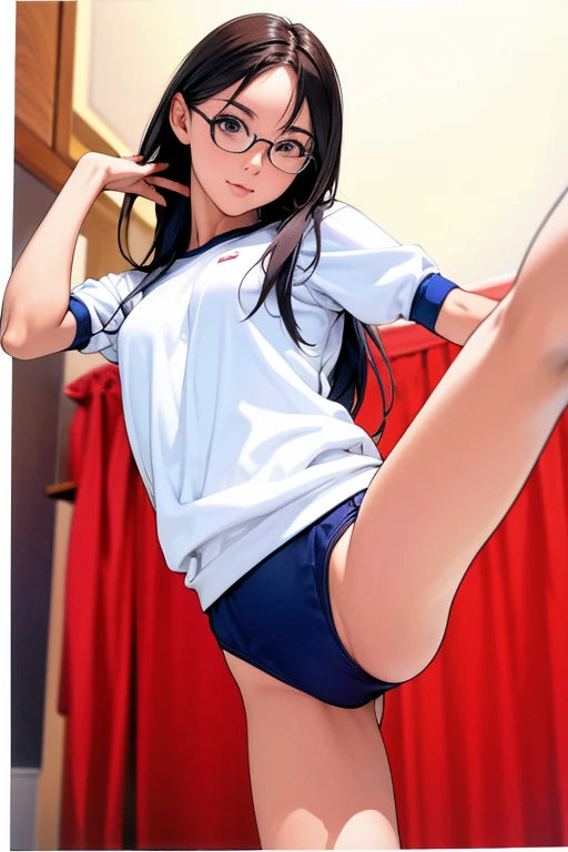 Highest quality、masterpiece、High sensitivity、High resolution、Detailed Description、Slender women、Glasses、Gymnastics、Bloomers、