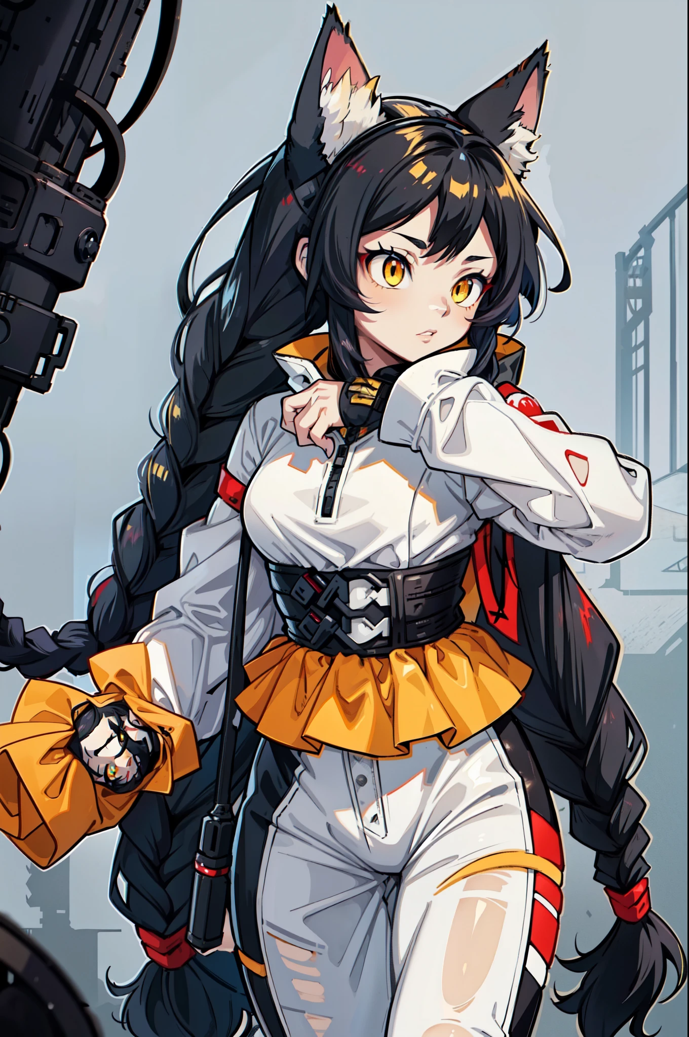 a girl with long messy black hair and long braids, glowing yellow eyes, long eyelashes, cat ears, cat eyes, wearing a white and red leather suit, cute and dangerous look, lovely rogue, best quality, ultra detailed