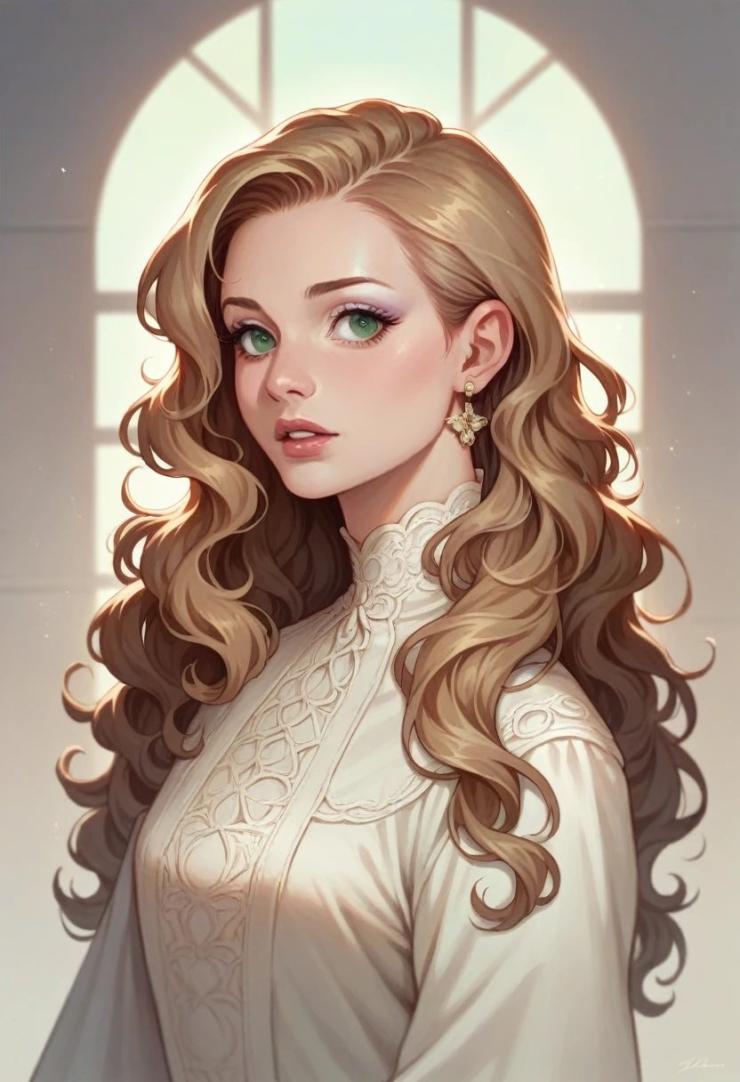 1girl, Long Hair, Wavy Hair, Light Brown Hair, Brown Hair, Earrings, Parted Lips, Makeup, Green eyes, Realism, Anatomically Correct, High Resolution, trendy and classic fashion, Shiny Hair, 