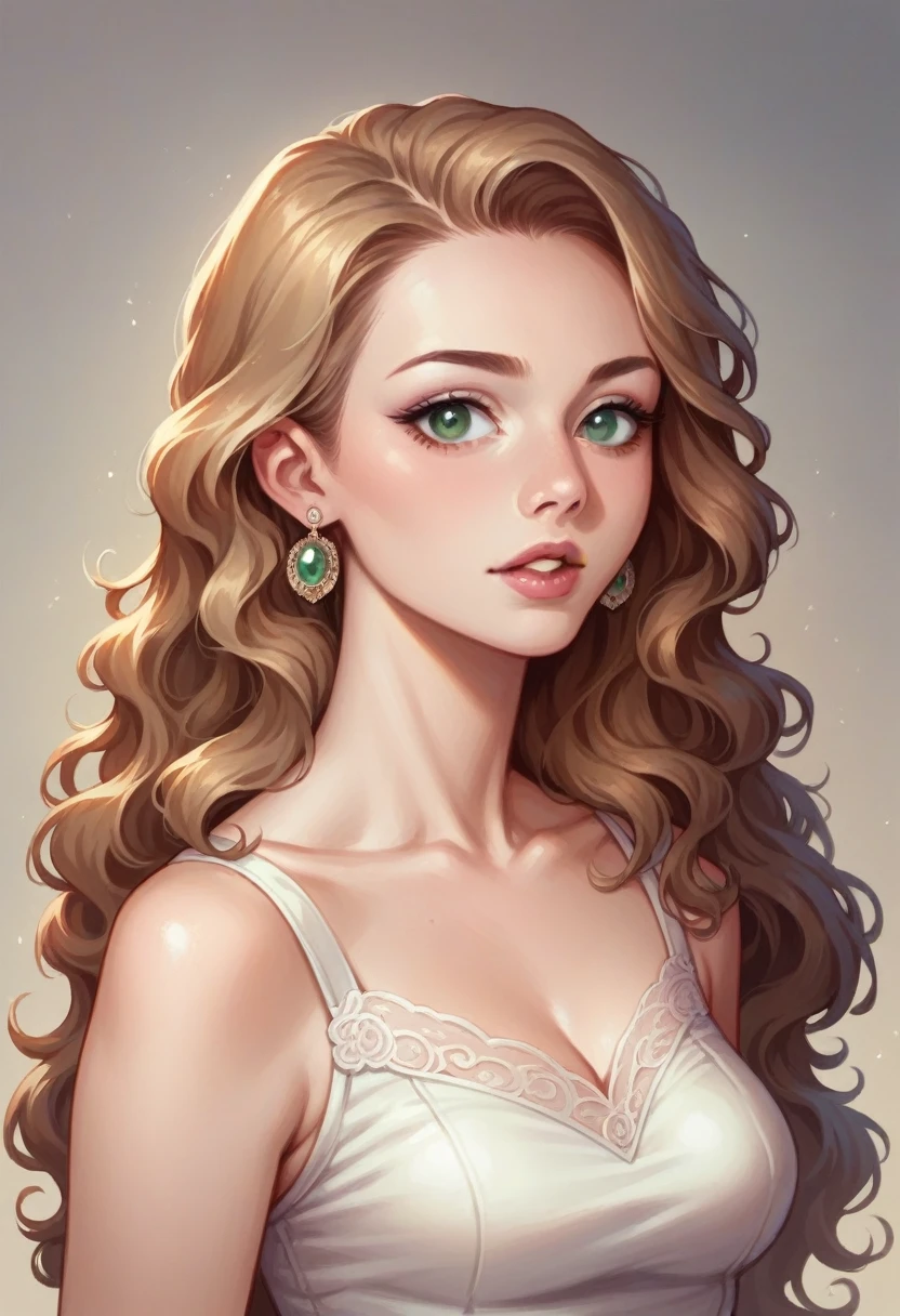 1girl, Long Hair, Wavy Hair, Light Brown Hair, Brown Hair, Earrings, Parted Lips, Makeup, Green eyes, Realism, Anatomically Correct, High Resolution, trendy and classic fashion, Shiny Hair,