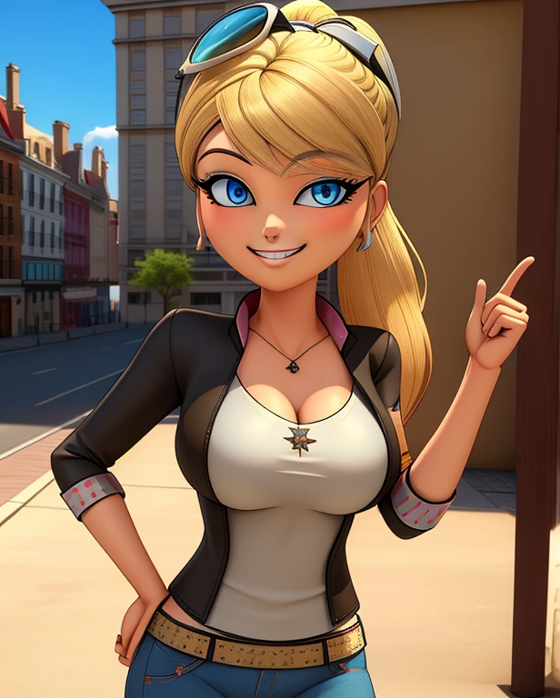 (8k, RAW photo, best quality, masterpiece:1.2), (intricate details), perfect eyes, perfect face, perfect lighting, beautiful, (masterpiece:1.2), (best quality:1.2), 1girl, solo, marinette dupain-cheng, chloe bourgeois, blonde hair, (( hair in ponytail, bangs over one eye )), arrogant, haughty, haughty smile, grin, (medium breast:0.5), (average breast), (Wearing Chloe Bourgeois's attire), cowboy shot, 3DMM, standing, front view,
