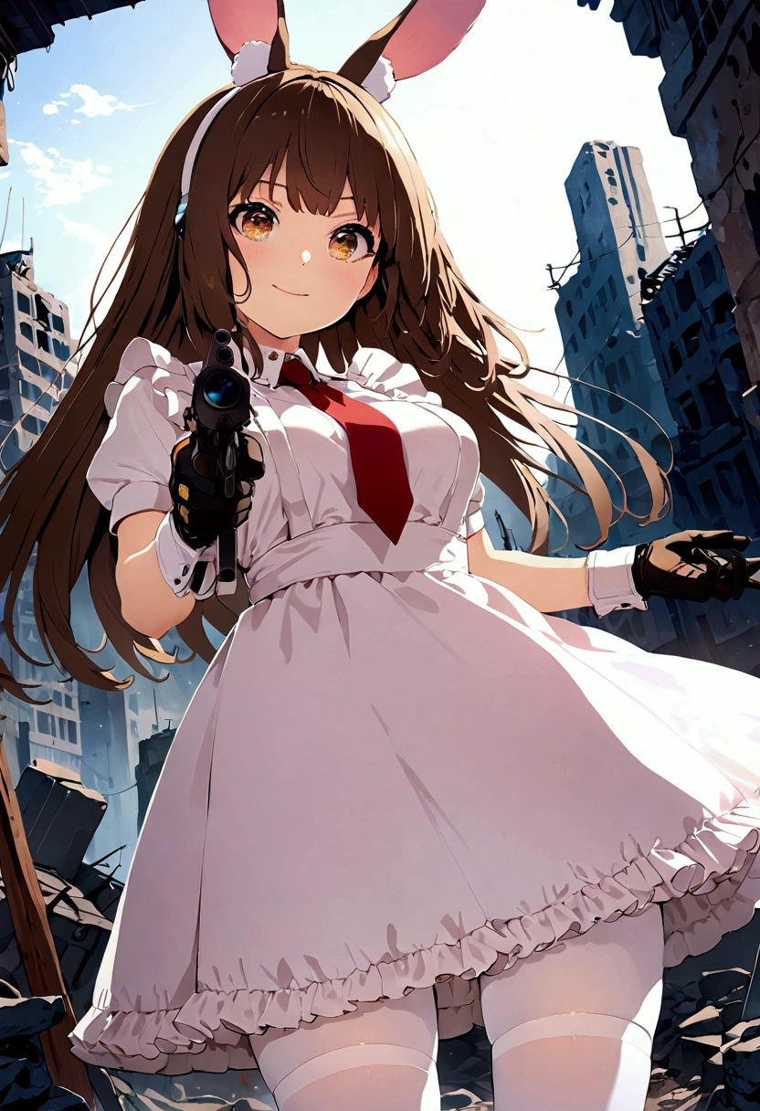 ((1girl)),  super fine illustration, vibrant colors, absurdres extremely detailed CG, 8k wallpaper, (masterpiece:1.3), dynamic angle, dynamic pose, 
best quality, depth of field, cinematic lighting, ultra detailed, brown long hair, very straight hair, large breast, white knit dress , 20yo, cute, very baby face, brown eyes, kawaii, tender smile, droopy eyes, combat, pink leotad, white sci-fi rabbit ear headset, red necktie, combat glove, pink maid uniform, white thighhighs pantyhose, aiming rifle, modern military rifle:1.4, ruin city, Post-apocalypse