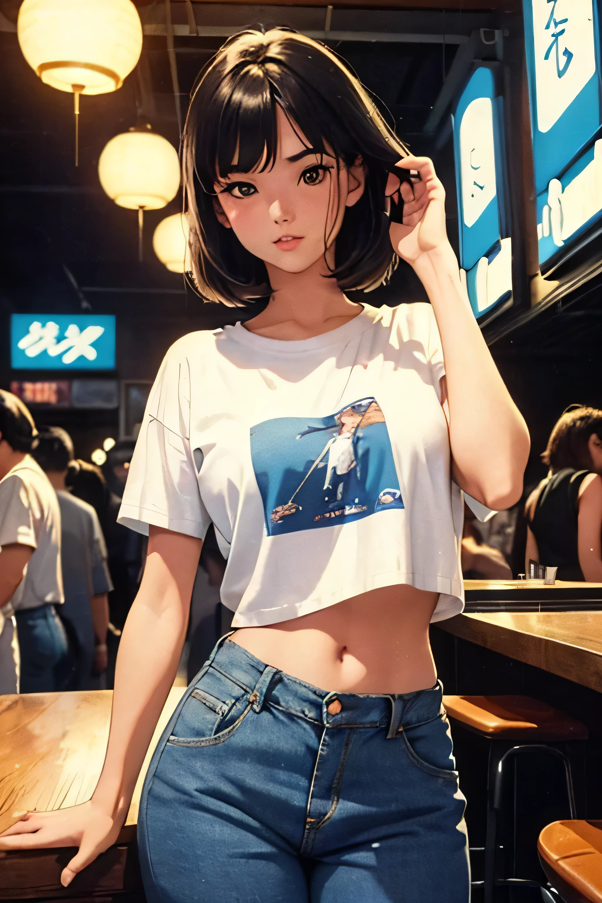 (vintage),(Retro),(Cartel), advertising with perfect girl, clothing oversized blue jeans shorts and white t-shirt with open waist(sexy), inside japanese nightclub environment, night time, Masterpiece, comics(tokyo) (1990)