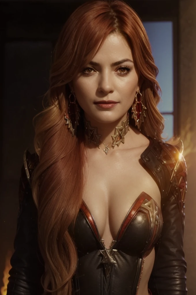 A adult girl in realistic portrait of high quality and detail, movie style, Mavuika (Genshin Impact), portrait shot, ((bright red hair at the ends)), adult girl, 25 years old, the sky is ablaze with bright flames in the background, depth of field, magic, big red lips, ((red and yellow eyes)) black and red long and full dress, closed chest, mystical atmosphere, ominous shadows, Intense blue aura, Intense red aura (best quality:1.2), absurdres, intricate details, (highly detailed skin:1.2), smile expression, posing, taut and well defined body, attractive. Highly realistic, tanned skin, beautiful, hyperrealism, skin very elaborated, direct gaze, Aztec style, rectangular sunglasses, glow, eye shadow, 1girl, Depth & Perspective, smiling on her face, fine face, She sitting on chair in the living room, crossed legs, indoors, sunlight from stained glass windows, looking at viewer, (ultra-high detail:1.2), Masterpiece, Best Quality, Ultra-detailed, Cinematic lighting, 8K, delicate features, cinematic, 35 mm lens, f/1.9, highlight lighting, global lighting –uplight –v 4, cinematic, Cinematic lighting, 8K, high quality, Highest Quality, (Solo Focus), (extremly intricate:1.3), (Realistic), masterful, Analog style, (Film grain:1.5), (warm hue, cold tone), 