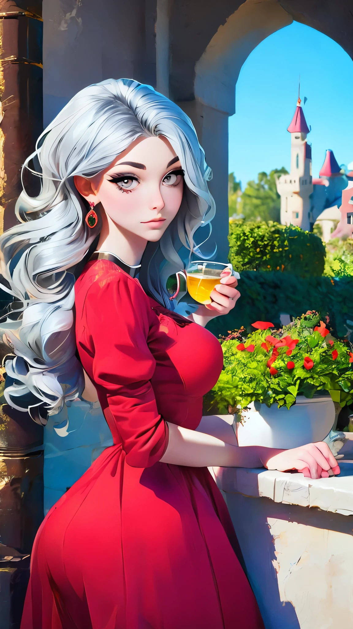Gray Hair Woman, Gray Eyes, Royalty, Red Dress, Red Jewelry, Red Earrings, Lunar, Nobility, Noblewoman, High Quality, Highly Detailed, Detailed Face, Masterpiece, Castle, Drinking Tea, Garden, Flowers, Lights