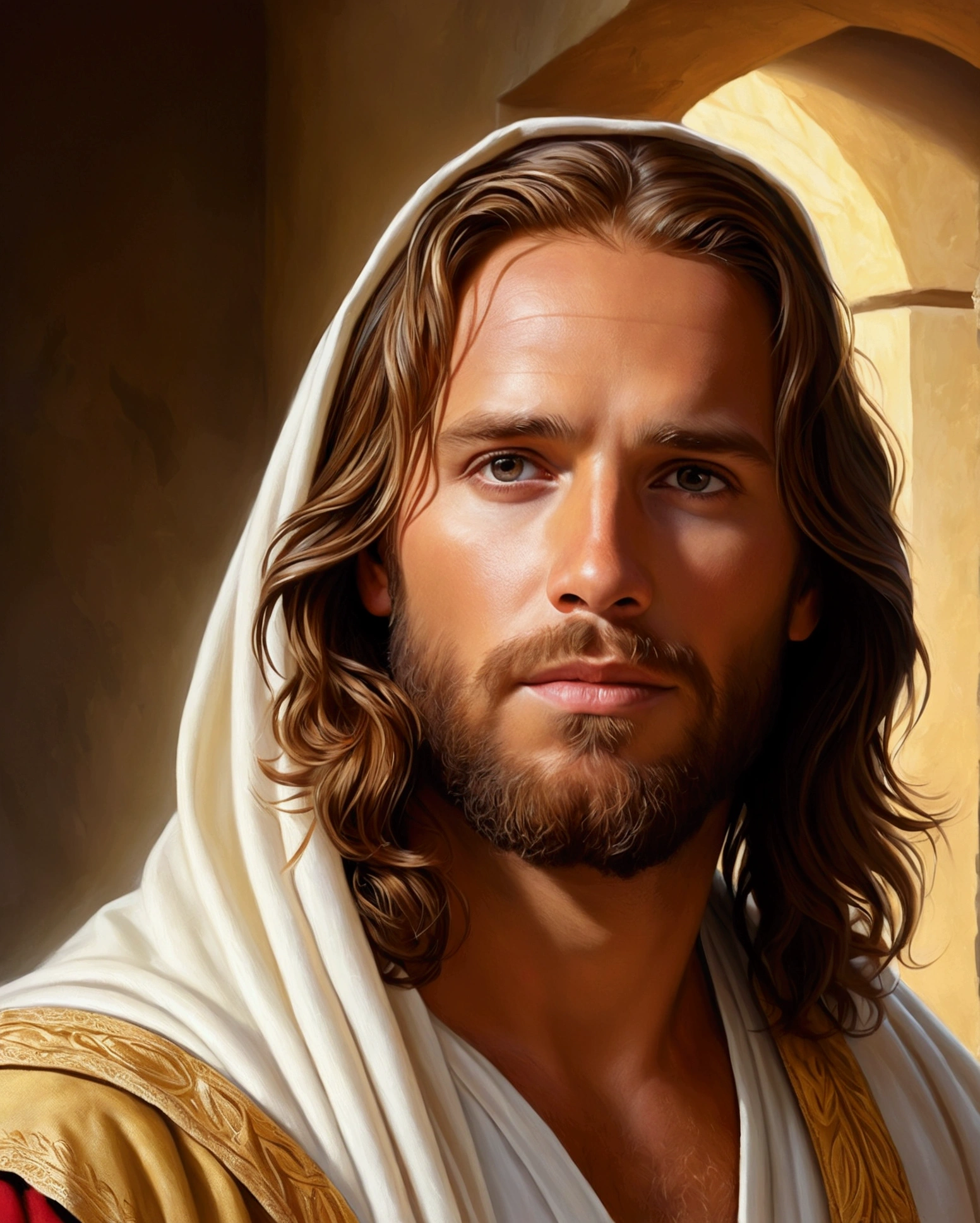 jesus com um lenço na cabeça, Retrato de jesus Cristo, jesus Cristo, jesus de Nazaré, rosto de jesus, Vestido como jesus Cristo, jesus, handsome stunning realistic, digitally painted, the lord and savior, greg olsen, handsome man, Digital oil painting with airbrush, gorgeous digital painting, handsome man, beautiful digital painting, Christian art, ultra realistic digital painting