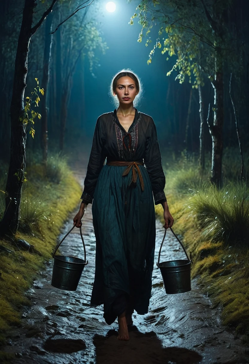 painting of a woman in Russian folk clothes walks along a path, ((carries a yoke with buckets full of water)), against the backdrop of a night forest , dark atmosphere, dark atmosphere, Inspiration, cinematic scene, volumetric lights, ultra realistic, in the style of nicola samori