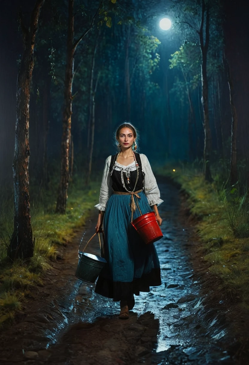 painting of a woman in Russian folk clothes walks along a path, ((carries a yoke with buckets full of water)), against the backdrop of a night forest , dark atmosphere, dark atmosphere, Inspiration, cinematic scene, volumetric lights, ultra realistic, in the style of nicola samori