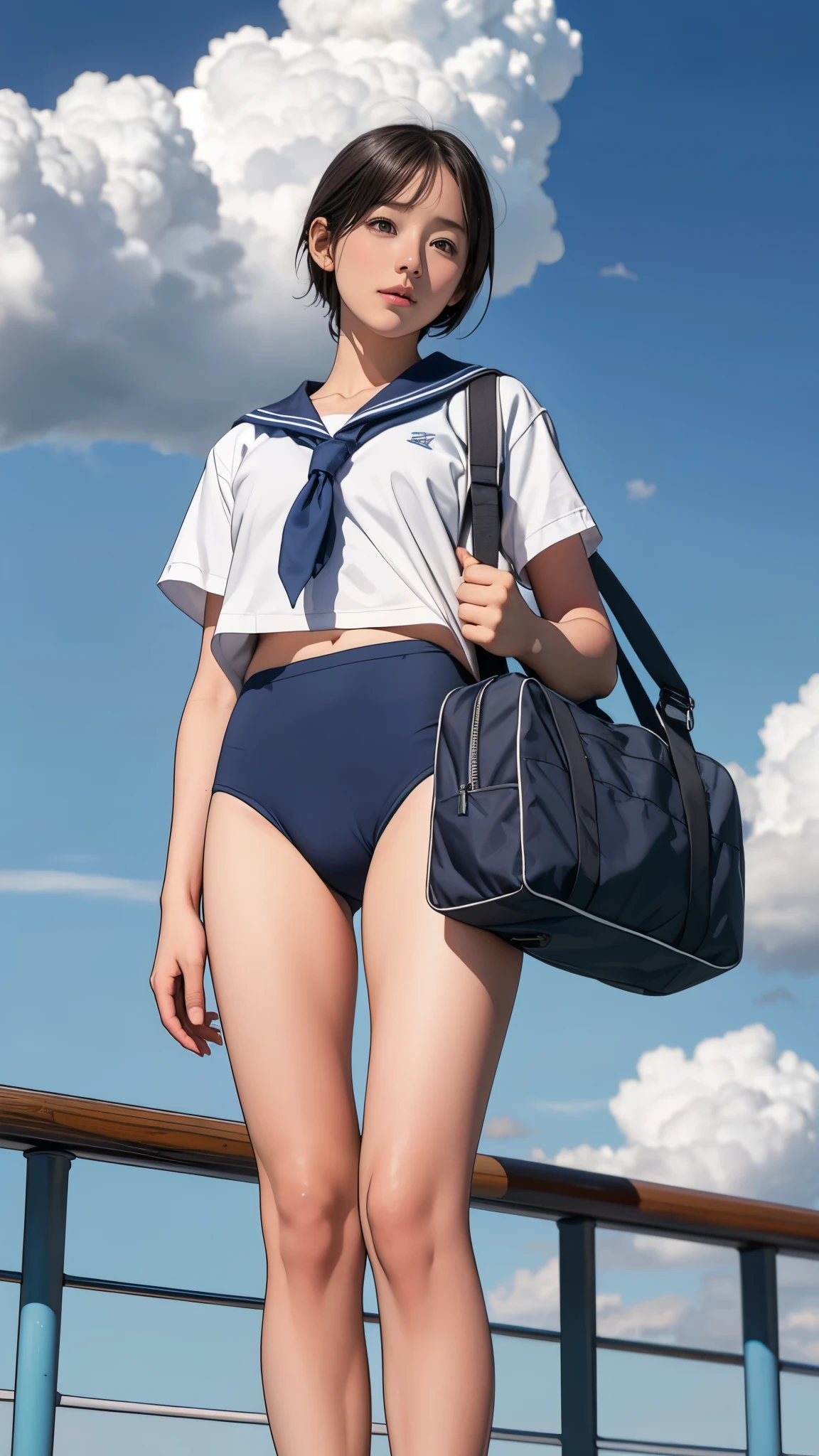 {3 | 2} Girl Standing In Schoolyard, Cumulonimbus clouds floating in the summer sky, Navy blue speedo swim briefs, On a white sailor shirt, school bag, , Very slim:1.2, Thin thighs, knees, Brown eyes, Short hair tied low, From below, Front light