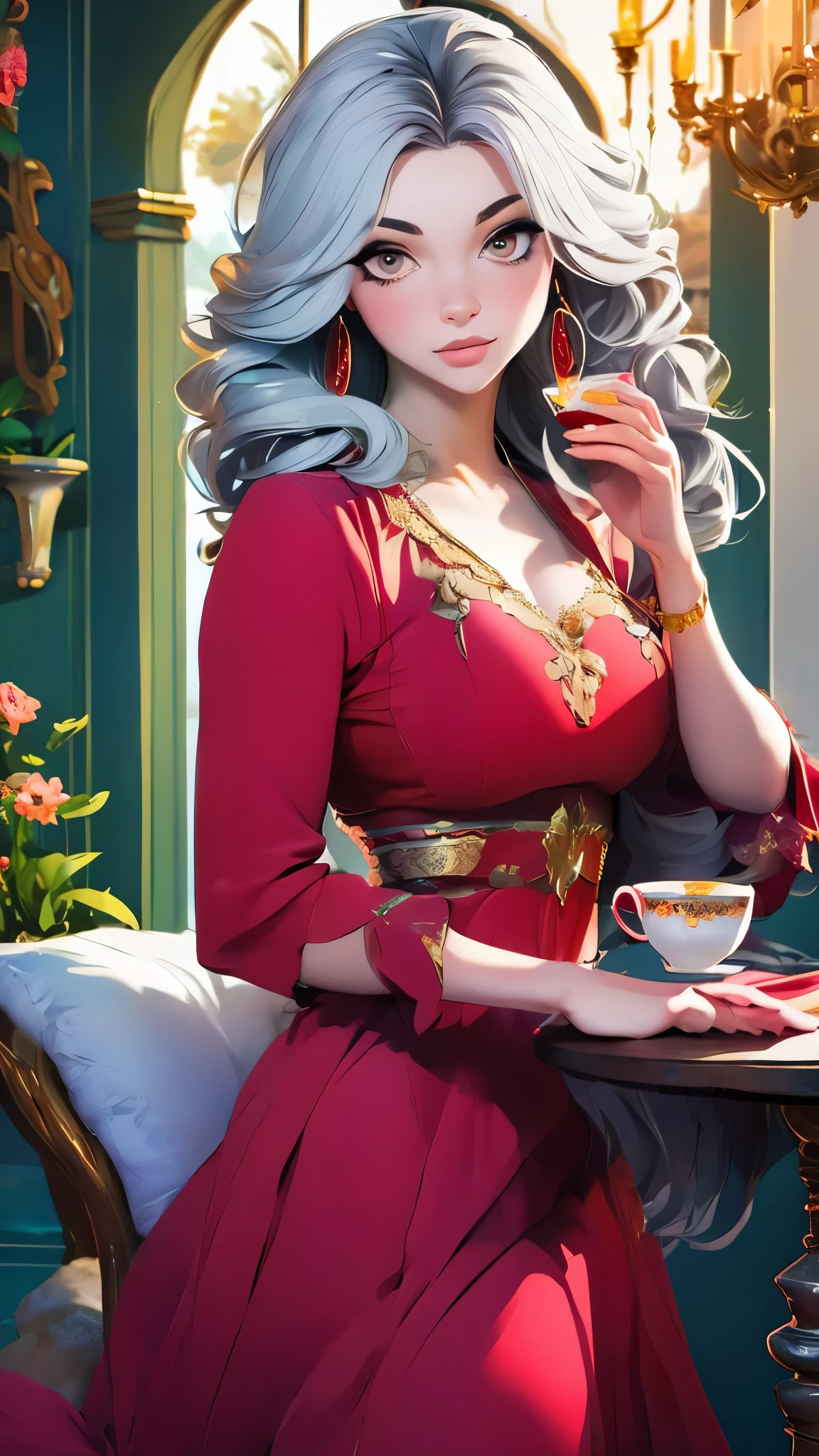 Gray Hair Woman, Gray Eyes, Royalty, Red Dress, Red Jewelry, Red Earrings, Lunar, Nobility, Noblewoman, High Quality, Highly Detailed, Detailed Face, Masterpiece, Castle, Drinking Tea, Garden, Flowers, Lights