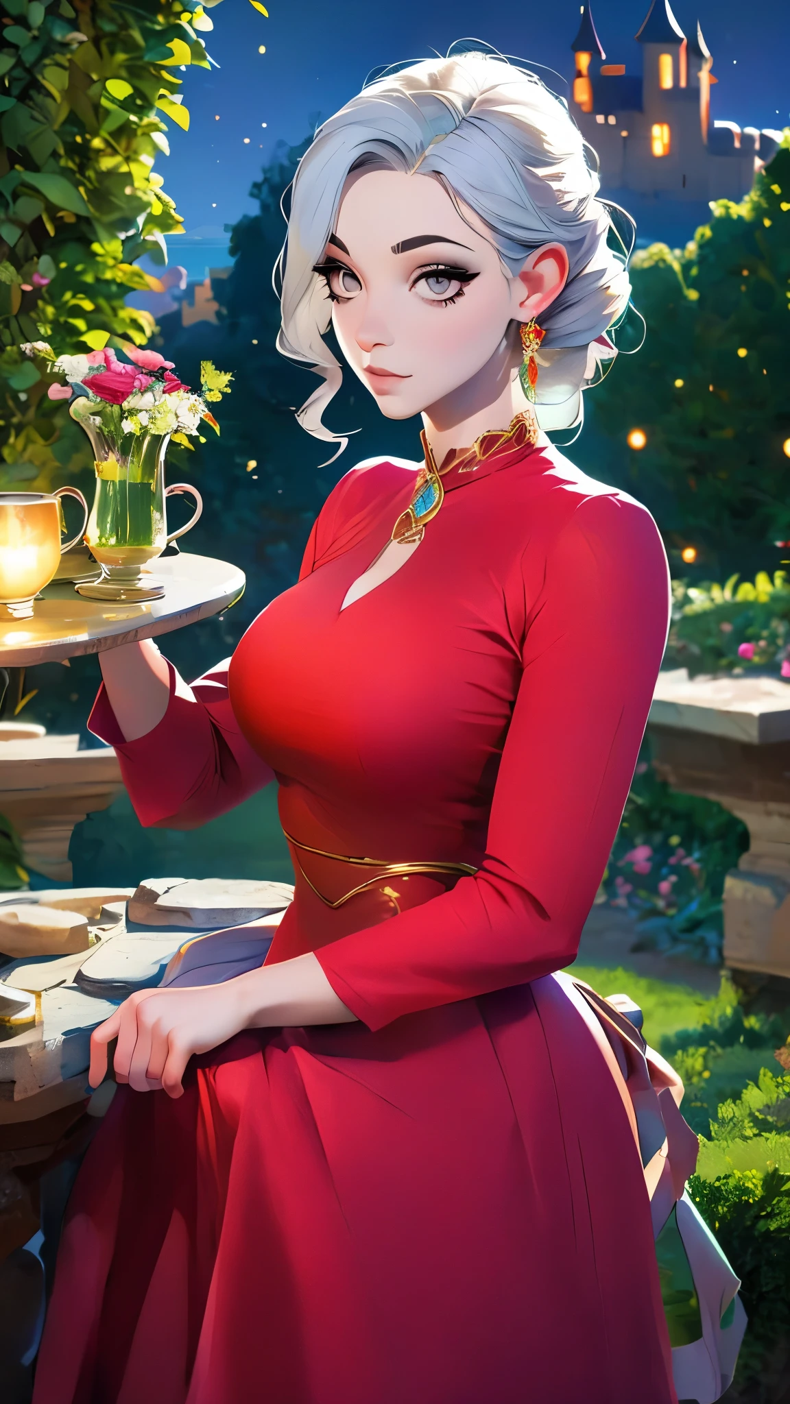 Gray Hair Woman, Gray Eyes, Royalty, Red Dress, Red Jewelry, Red Earrings, Lunar, Nobility, Noblewoman, High Quality, Highly Detailed, Detailed Face, Masterpiece, Castle, Drinking Tea, Garden, Flowers, Lights