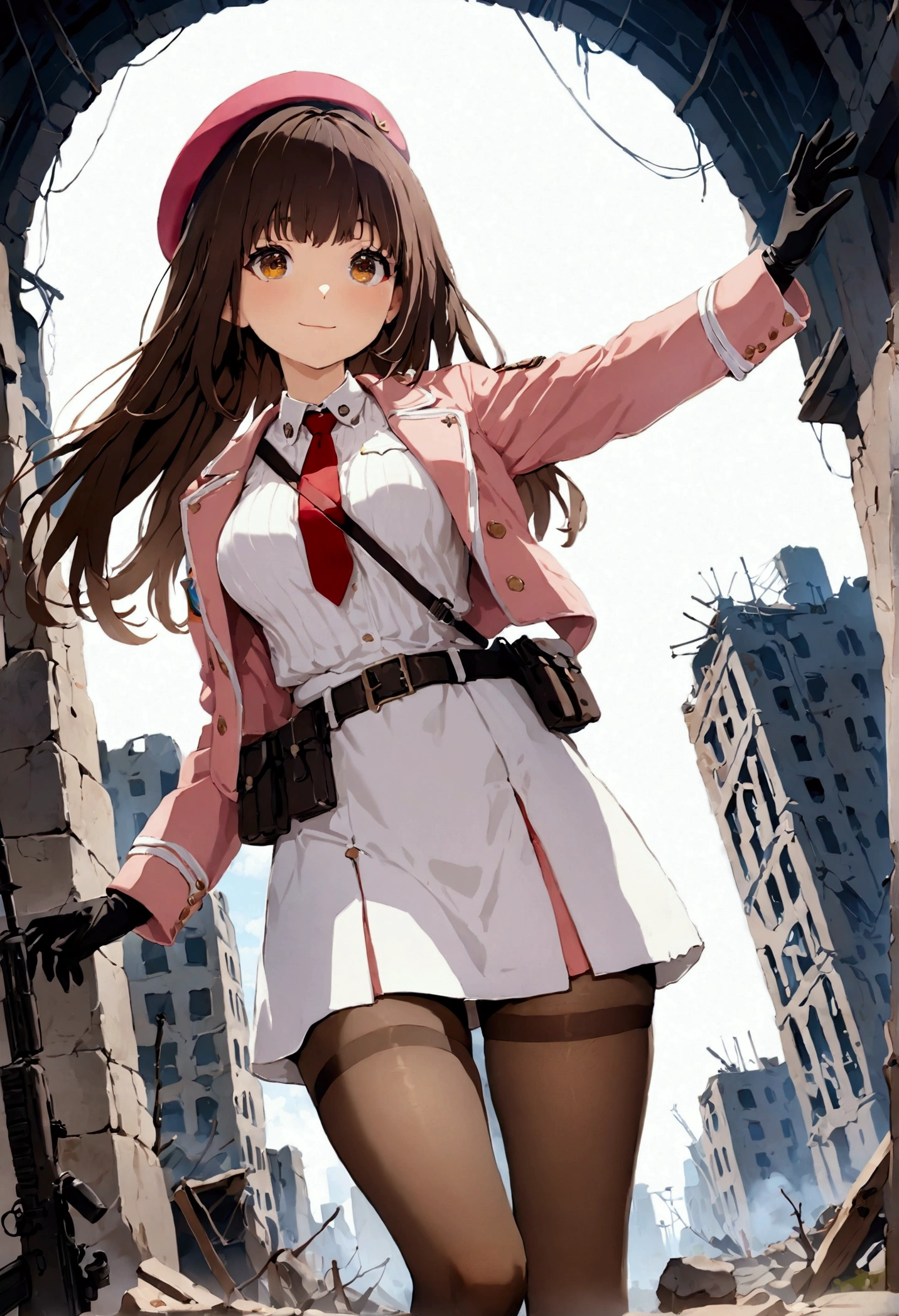 ((1girl)),  super fine illustration, vibrant colors, absurdres extremely detailed CG, 8k wallpaper, (masterpiece:1.3), dynamic angle, dynamic pose, 
best quality, depth of field, cinematic lighting, ultra detailed, brown long hair, very straight hair, large breast, white knit dress , 20yo, cute, very baby face, brown eyes, kawaii, tender smile, droopy eyes, combat, pink leotad, beret, pink hat, red necktie, black leather glove, pink military jacket, white thighhighs pantyhose, military belt, military pouch, modern military rifle, ruin city, Post-apocalypse