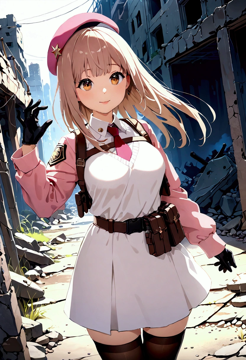 ((1girl)),  super fine illustration, vibrant colors, absurdres extremely detailed CG, 8k wallpaper, (masterpiece:1.3), dynamic angle, dynamic pose, 
best quality, depth of field, cinematic lighting, ultra detailed, brown long hair, very straight hair, large breast, white knit dress , 20yo, cute, very , brown eyes, kawaii, tender smile, droopy eyes, combat, pink leotad, beret, pink hat, red necktie, black leather glove, pink military jacket, white thighhighs pantyhose, military belt, military pouch, modern military rifle, ruin city, Post-apocalypse