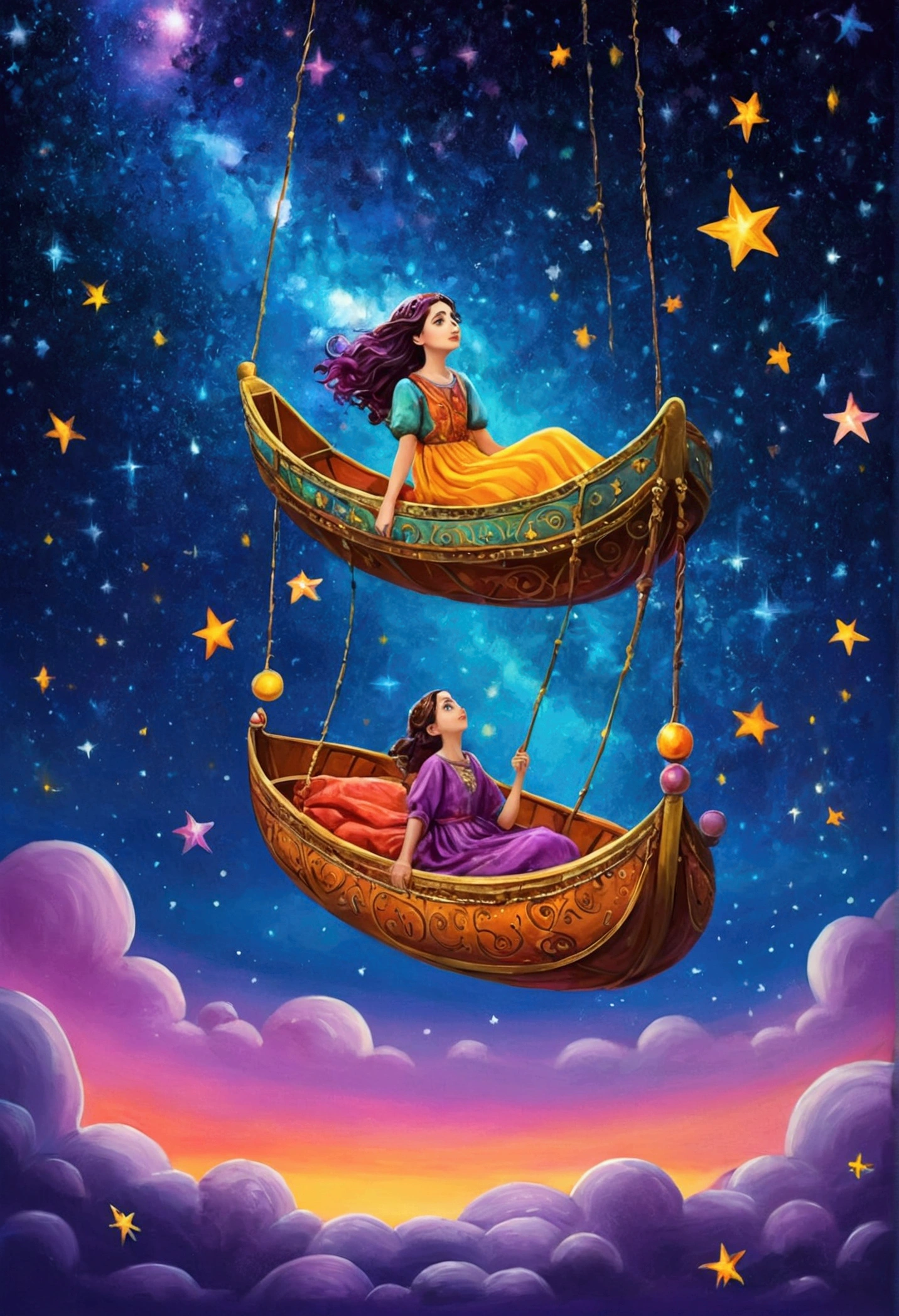 Lila floating in a starry sky, with bright colors in the background, being transported to a magical place called the Kingdom of Colors.