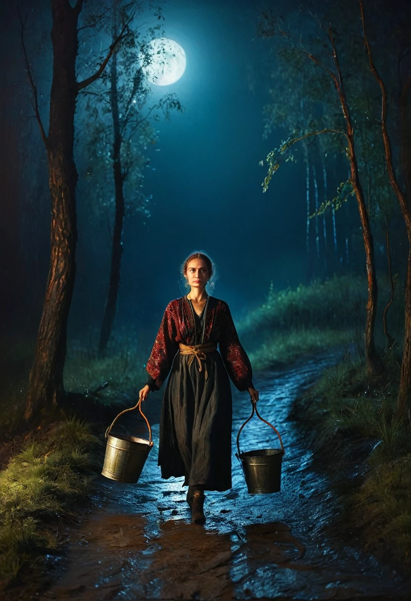 painting of a woman in Russian folk clothes walks along a path, ((carries a yoke with buckets full of water)), against the backdrop of a night forest , dark atmosphere, dark atmosphere, Inspiration, cinematic scene, volumetric lights, ultra realistic, in the style of nicola samori
