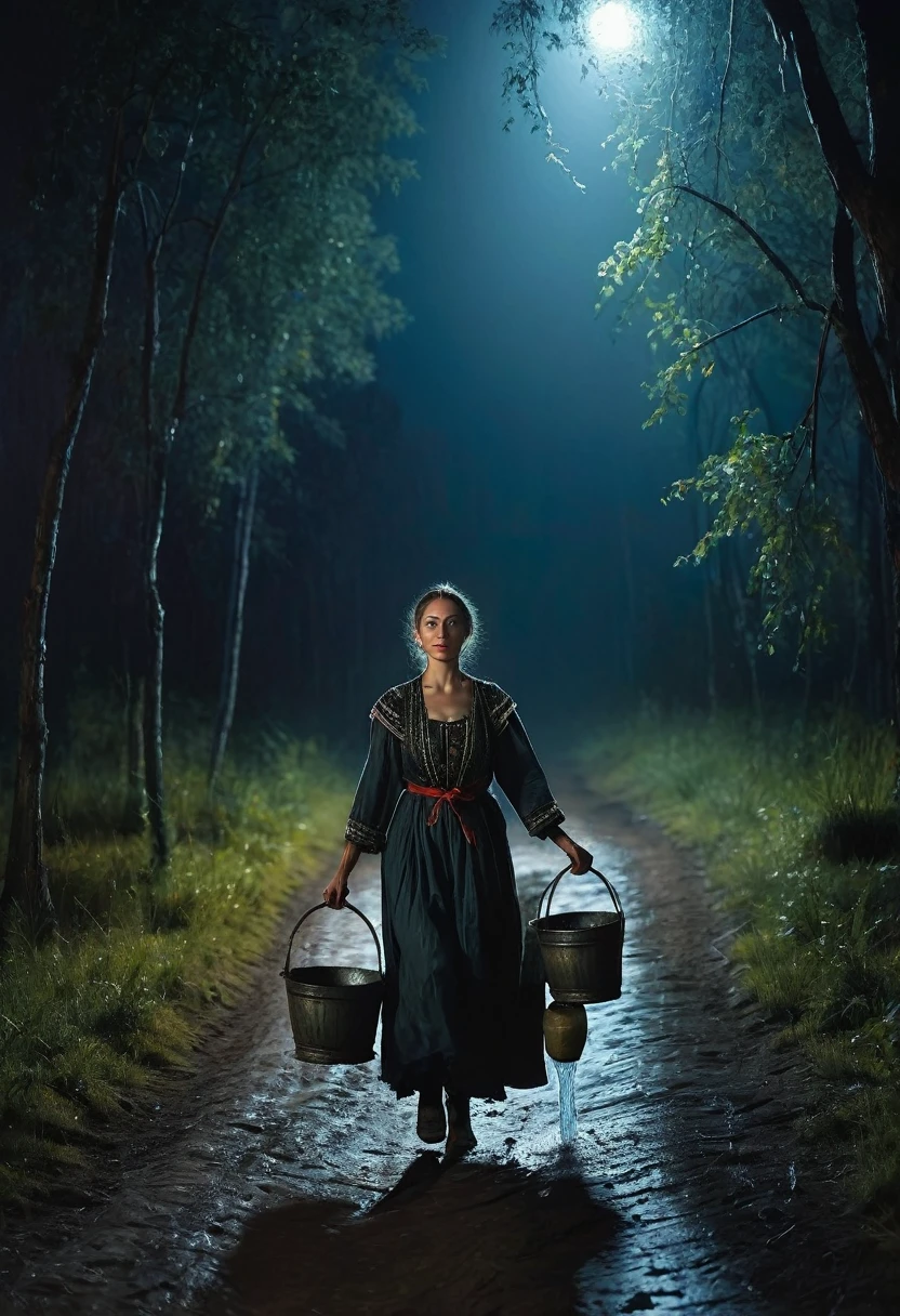 painting of a woman in Russian folk clothes walks along a path, ((carries a yoke with buckets full of water)), against the backdrop of a night forest , dark atmosphere, dark atmosphere, Inspiration, cinematic scene, volumetric lights, ultra realistic, in the style of nicola samori