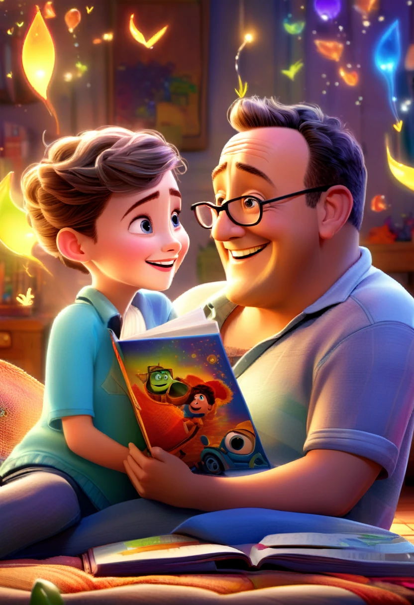 (bright and vibrant colors), (high resolution), (realisitic:1.37), Disney Pixar Movie Poster, (arte de Kevin James), skinny, no muscle, (55 year old man and his son),father and son, (beautiful detailed eyes:1.1), (beautiful detailed lips:1.1), smiling with a warm expression, (charming appearance:1.1), (professional lighting), (ultra-thin rendering), upper-body shot, (expressive facial features:1.1), reading a book to her son, (reading carefully:1.1), surrounded by magical elements representing different Pixar films, (dynamic composition), (whimsical details), (playful characters), vibrant background, full of color and joy, (3D rendering), (fantastic art style), (nostalgic aesthetic), (attention to the details:1.1).
