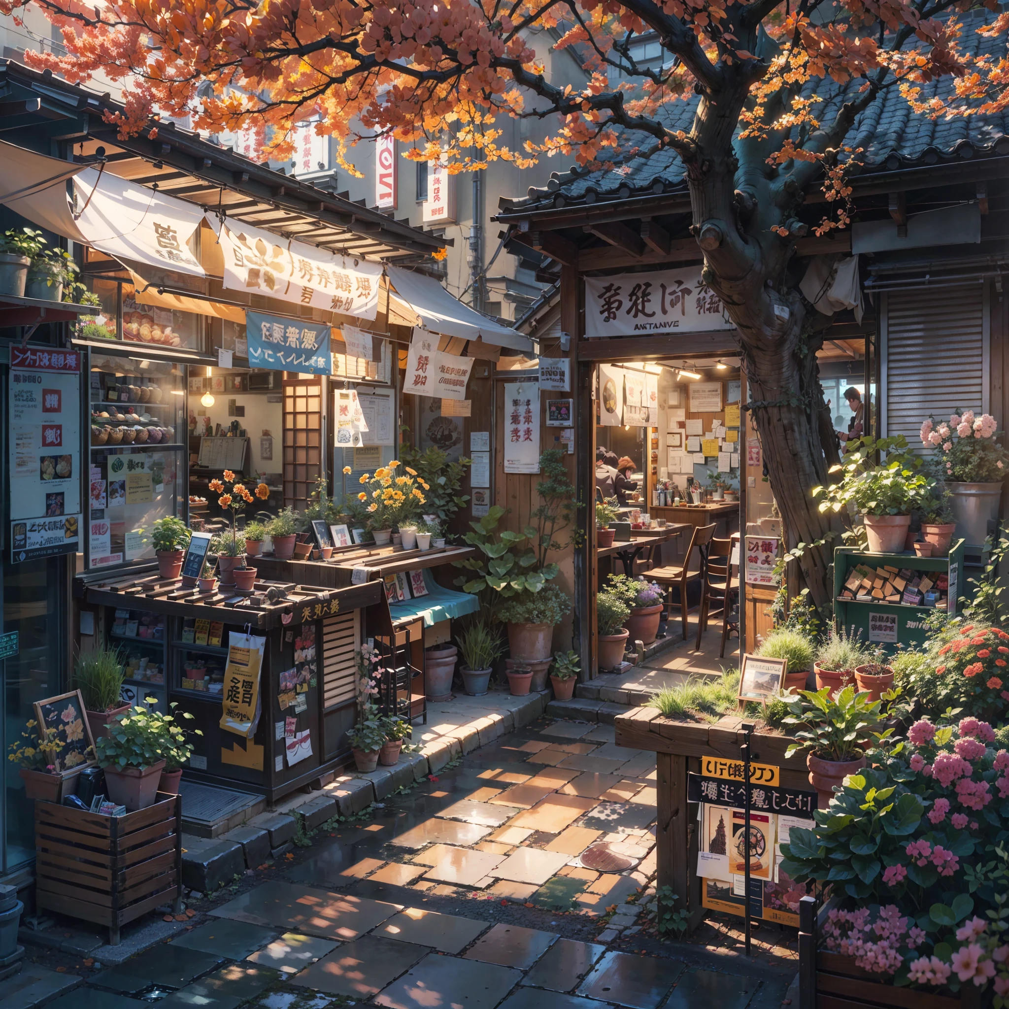 japanese restaurant in a compact alleyway, front-view, sunrise, trees, multicolored flowers, greenery, saturated,top rated on pixiv, realistic anime style at pixiv, restaurant, anime scenery, ( ( ( yoshinari yoh ) ) ), pixiv frontpage, at pixiv, by Torii Kiyomasu, anime scenery concept art, by Un'ichi Hiratsuka, featured on pixiv, 4k hd, beautiful art uhd 4 k, a beautiful artwork illustration, beautiful digital painting, highly detailed digital painting, beautiful digital artwork, detailed painting 4 k, very detailed digital painting, rich picturesque colors, gorgeous digital painting, no humans, (no one: 1), compact, anime, tokyo
