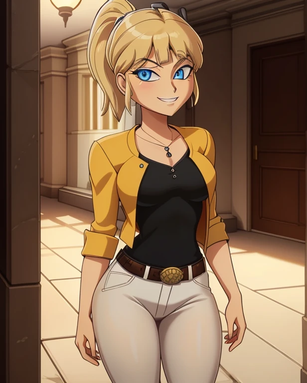 (8k, RAW photo, best quality, masterpiece:1.2), (intricate details), perfect eyes, perfect face, perfect lighting, beautiful, (masterpiece:1.2), (best quality:1.2), 1girl, solo, combine marinette dupain-cheng with chloe bourgeois, blonde hair, (( hair in ponytail, bangs over one eye )), arrogant, haughty, haughty smile, grin, (medium breast:0.5), (average breast), (Wearing: yellow jacket, black undershirt, belt, white pants, white heels), cowboy shot, 3DMM, standing, front view,
