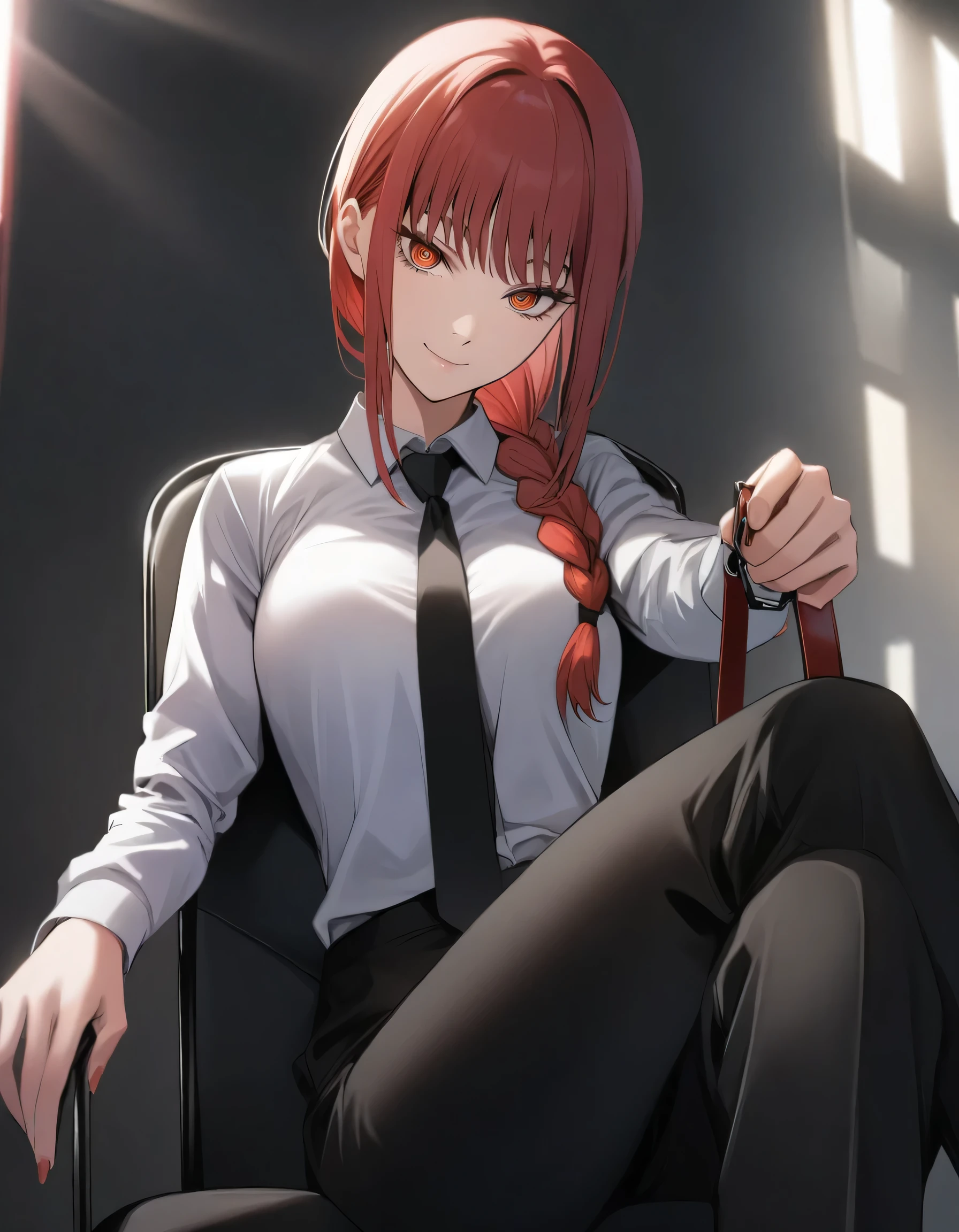 1girl,makima(chainsaw_man),sitting_in_chair,legs_crossed,black_necktie,black_pants,braid,braided_ponytail,breasts,closed_mouth,collar,collared_shirt,cowboy_shot,fingernails,giving,hair_over_shoulder,head_tilt,holding dog leash,pulling leash,long_hair,long_sleeves,looking_at_viewer,looking_down_at_viewer,necktie,outstretched_arm,pants,red_eyes,red_hair,ringed_eyes,shirt,smile,solo,sunlight,unworn_collar,white_shirt,
