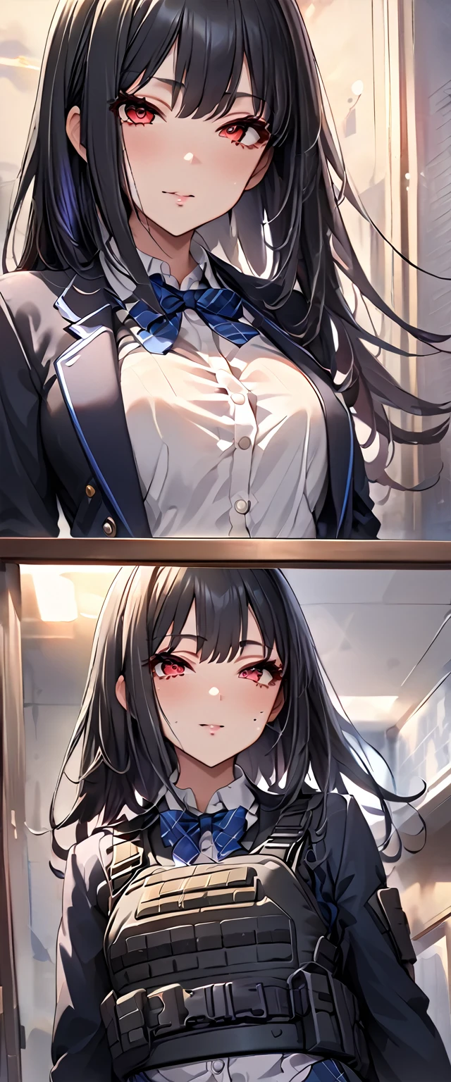 (Perfect Anatomy)、Mastepiece、Ultra High Quality、 8k、masterpiece、Highest quality、Ultra-high resolution、Maximum resolution、Very detailed、Professional Lighting、anime、woman、thin、Very beautiful face、Very beautiful eyes、(Highly detailed eye)、Highly detailed face、high school girl、blazer、Red Eye、Black Hair、Long hangerless gloves、Equipped with a plate carrier, Assault rifle,