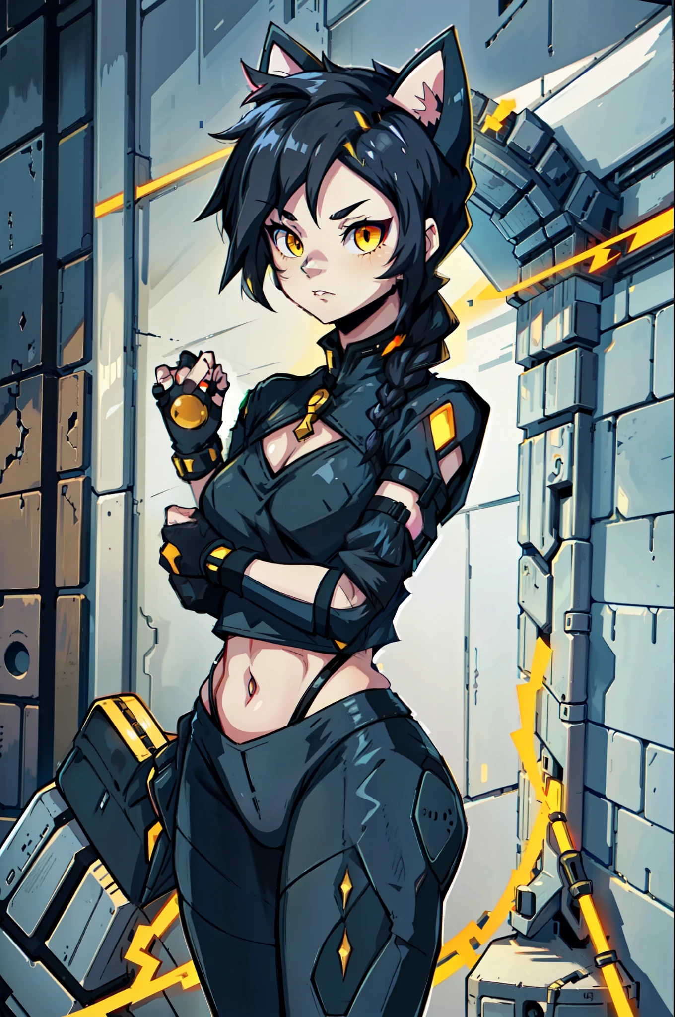 a girl with long messy black hair and long braids, glowing yellow eyes, long eyelashes, cat ears, cat eyes, wearing a white and red leather suit, cute and dangerous look, lovely rogue, best quality, ultra detailed 