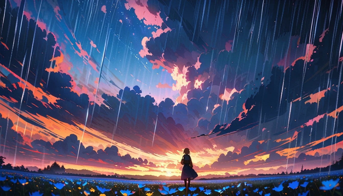 a anime boy is standing near to girl ,rain, downpour, flowers field, bright night, aesthetics, skies full of stars, landscape, crescent, dark blue and bright orange colors, anime, Ghibli-like colours, cinematic lighting, wide shot, 16k, 8k, highres, best quality, high quality, award winning, super detail, ccurate, masterpiece, UHD