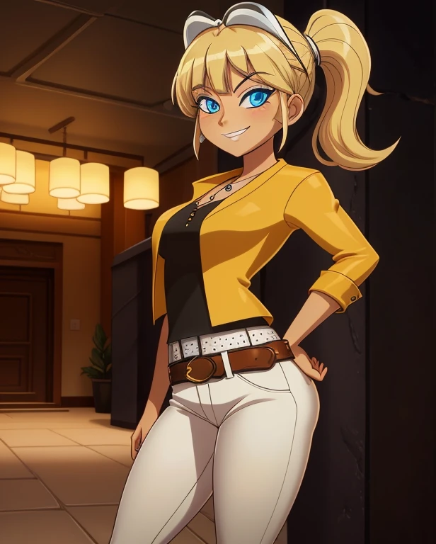 (8k, RAW photo, best quality, masterpiece:1.2), (intricate details), perfect eyes, perfect face, perfect lighting, beautiful, (masterpiece:1.2), (best quality:1.2), 1girl, solo, combine marinette dupain-cheng with chloe bourgeois, blonde hair, (( hair in ponytail, bangs over one eye )), fake tan skin, arrogant, haughty, haughty smile, grin, (medium breast:0.5), (average breast), (Wearing: yellow jacket, black undershirt, belt, white pants, white heels), cowboy shot, 3DMM, standing, front view,
