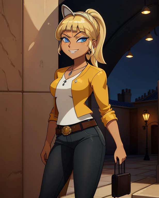 (8k, RAW photo, best quality, masterpiece:1.2), (intricate details), perfect eyes, perfect face, perfect lighting, beautiful, (masterpiece:1.2), (best quality:1.2), 1girl, solo, combine marinette dupain-cheng with chloe bourgeois, blonde hair, (( hair in ponytail, bangs over one eye )), (fake tan skin:1.2), arrogant, haughty, haughty smile, grin, (medium breast:0.5), (average breast), (Wearing: yellow jacket, black undershirt, belt, white pants, white heels), cowboy shot, 3DMM, standing, front view,
