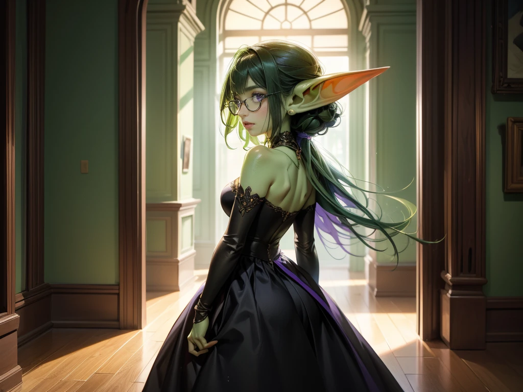 Masterpiece, absurdrez, amazing detail, 4k, perfect face, small ears, 3 foot tall green goblin girl, wearing modest purple cotton dress, very shy, black glasses, (green skin), short green hair, purple eyes, exploring a fine art museum, admiring painting on the wall, curious and fascinated, pov from side, looking away from camera, dynamic pose, cinematic lighting, fine art lines the walls, in art museum nua safada com dedo na buceta gostosa