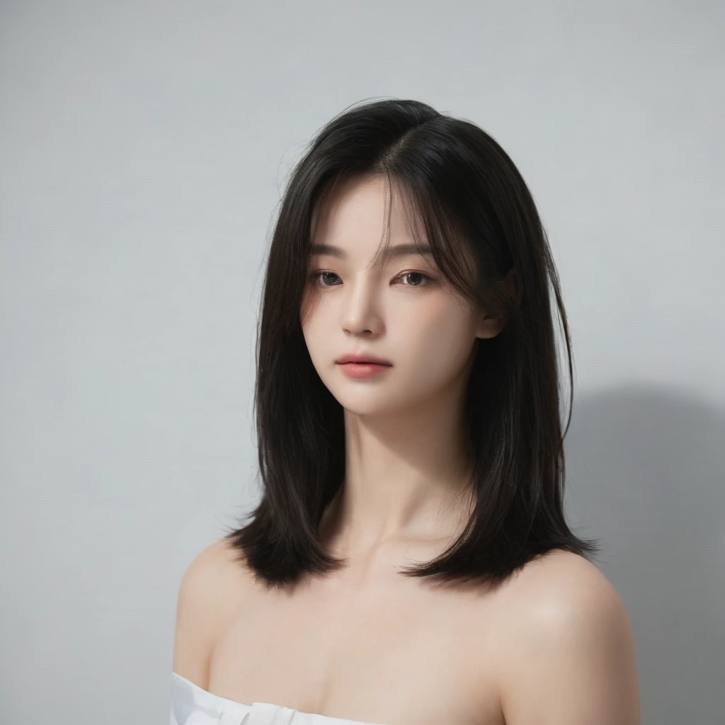 Best Quality, 8k, Masterpiece, (Portrait: 1.3), (photo realistic:1.4), (hyper realistic:1.4), Sharp Focus, looking at viewer, (smoother lighting:1.1), (increase cinematic lighting quality:0.9), realistic lighting, backlighting, light on face, ray trace, (brightening light:1.2), (Increase quality:1.4), sharp detail, (best quality real texture skin:1.4), finely detailed eyes, black_eyes, finely detailed face, 25 year old Korean woman, (white formal_shirt:1.4), (Create an image maintaining the original base model hairstyle:1.5)
