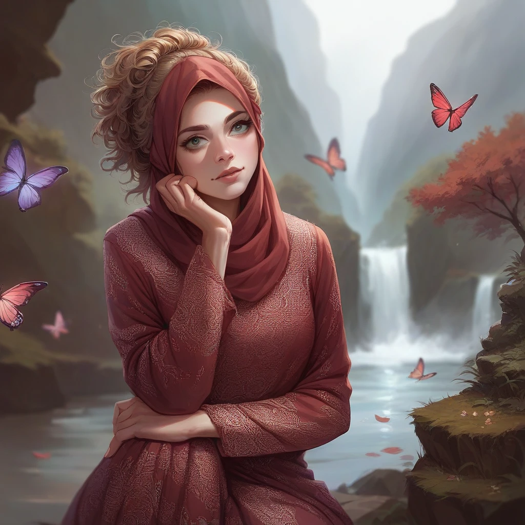 Realistic woman facing the sky holding her knees