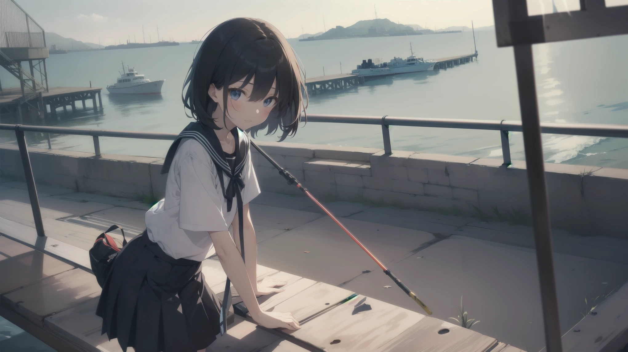Ultra Absurd - Top quality from the god of art, Very detailed, High resolution, Anime Moe Art Style, best anime 8k konachan wallpaper, pixiv Contest Winner, Perfect Anatomy,break, One girl, (alone座って釣りをしている女の子を描いてください. )break,(alone,Little Woman, 13 years old:1.3),Complete limbs, Full Finger,a junior high School student, The charm of an immature body, (Very short hair), Shortcuts, Flat Chest, , Small Ass, Small black eyes, Beautiful attention to detail, Well-proportioned iris and pupil, Expressive eyes, High resolutionの詳細な髪, Soft look, fishing rod, School_uniform, Pleated skirt, Holding,Holding fishing rod, fishing line, (Detailed lighting), (Detailed Background), Outdoor, Ocean, At the pier. break,Very detailed肌, Best cinematic lighting powered by famous Artist, 8k,Beauty Illustration,Photoshop_(Moderate),so beautiful,break,((Artist:core )), Artist:fire_(Ruin) ,Artist:Who is Akinashi?？ ,Artist:Parents Ashido ,
