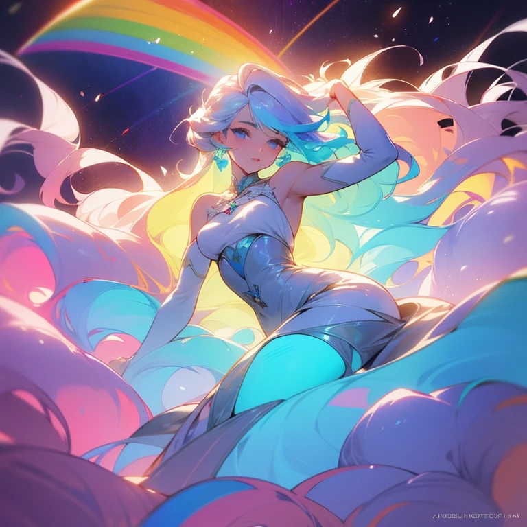A stunningly ethereal woman, composed of a dazzling array of rainbow hues, reclines gracefully at the end of a radiant rainbow amidst the fluffy clouds in the sky. Bathed in dynamic and enchanting lighting, accentuates her vibrant, full-bodied form. Fantasy art. Masterpiece 