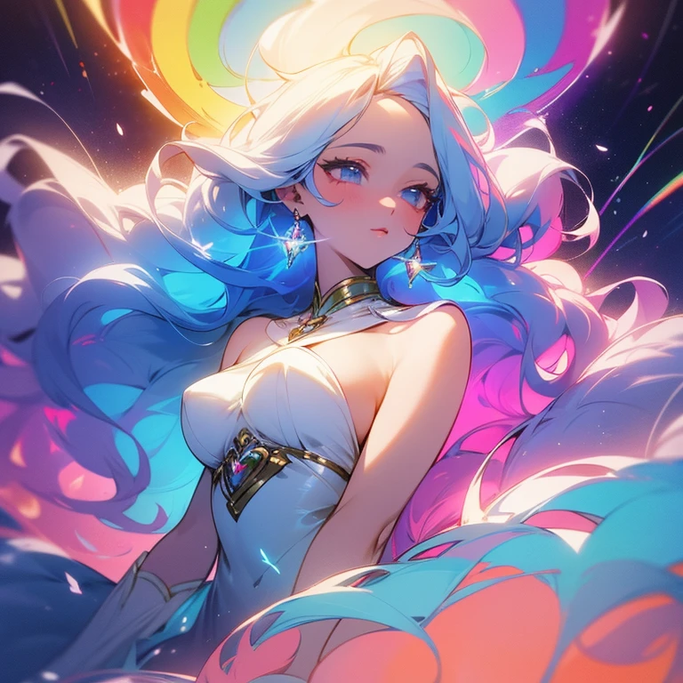 A stunningly ethereal woman, composed of a dazzling array of rainbow hues, reclines gracefully at the end of a radiant rainbow amidst the fluffy clouds in the sky. Bathed in dynamic and enchanting lighting, accentuates her vibrant, full-bodied form. Fantasy art. Masterpiece