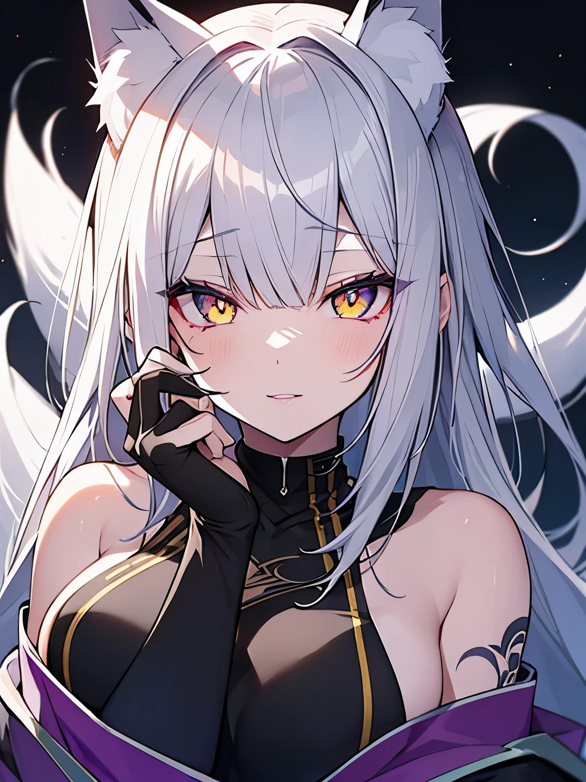 High resolution、highest quality、4K、Gray Hair、bangs、長いGray Hair、Tattoos on the face、Slanted Eyes、Purple lipstick、Glowing yellow eyes、Pale skin、nine tailed fox、9The Fox'Girl with s Tail、Purple Oiran、Big white fox ears、Large Breasts、Cleavage、Ruthless smile、smug face、Aggressive、blue flame、Blue Flame from your fingertips、Full moon night、Full Body、flying、Super detailed、9The Fox's Tail